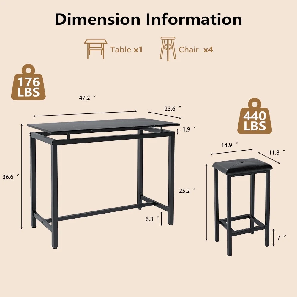 5 Piece Dining Set, Modern Dining Table and Chairs Set for 4, Counter Height Bar Table Set, Modern Pub Table with 4 Velvet Fabric Cushioned Stools, Faux Marble Dining Table & Stools Set, D9297 - Image 29
