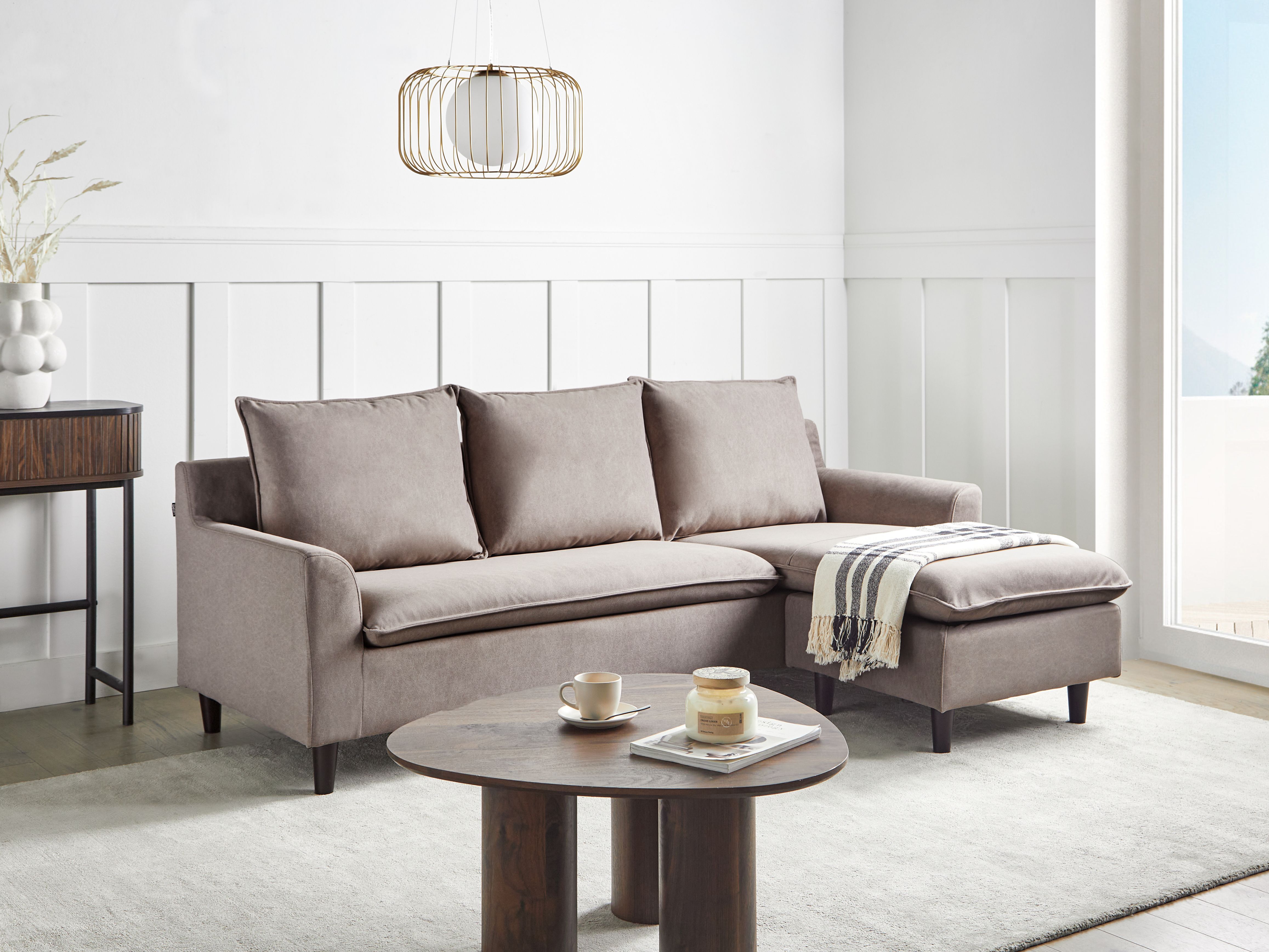 Corner Sofa 3 Seater ELVENES Fabric Taupe Left Hand