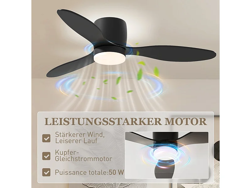 Ventilateur de plafond noir - Ventilateur de plafond avec lumière LED et 3 pales - 6 vitesses - pour chambres