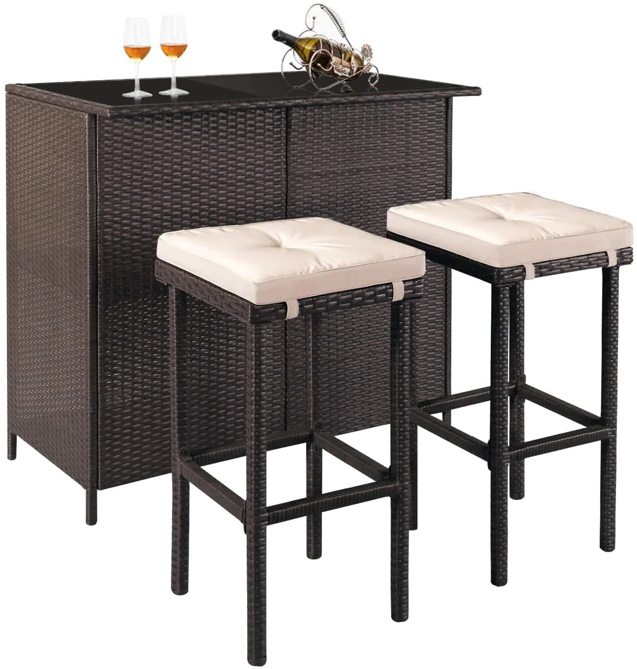 SOLAURA 3PCS Patio Outdoor Wicker Bar Set with Two Bar Stools and Glass-Top Table - Brown - Image 3
