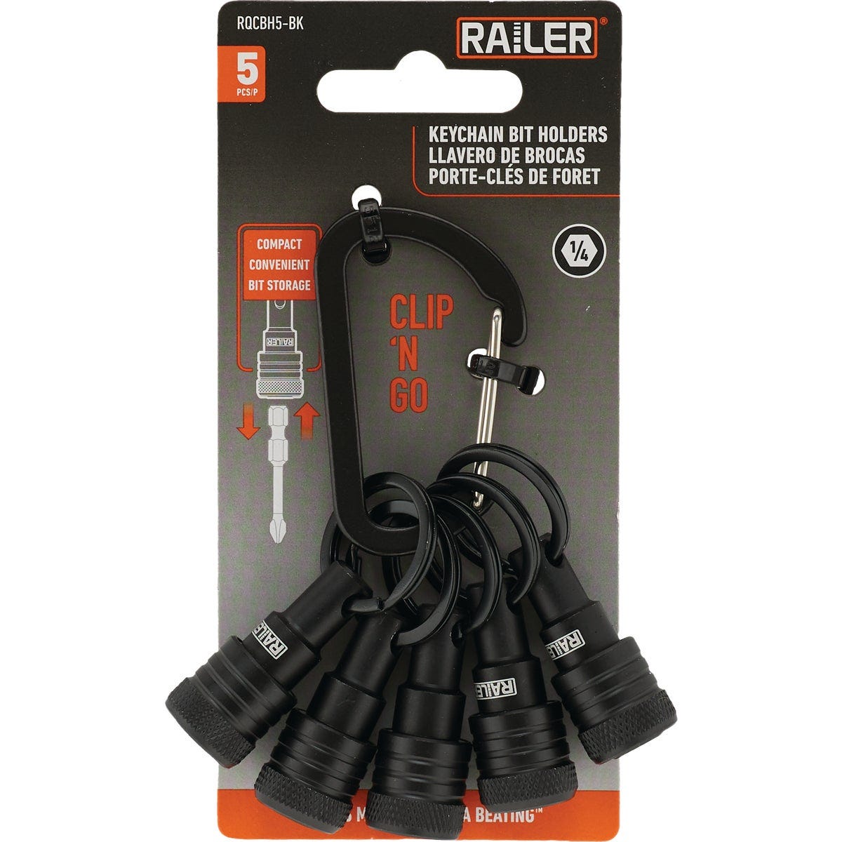 Railer Bit Holder Keychain with (5) Black Hex Shank Bit Holders