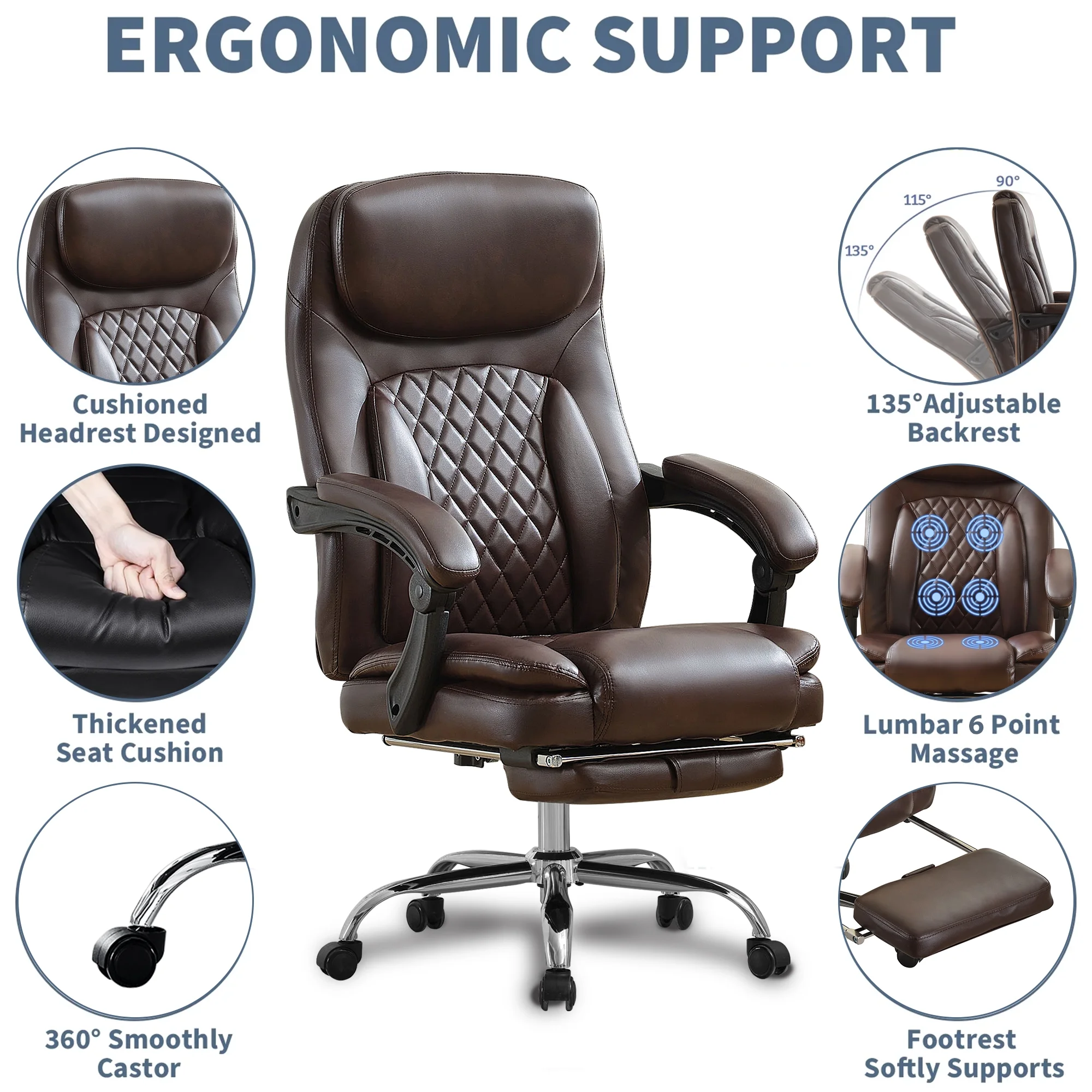 JONPONY Big and Tall Office Chair 500LBS Executive Office Chair Massage and Footrest Ergonomic Computer Desk Chair Reclining High Back Leather Office Chair Lumbar Back Support Swivel Rolling,Black - Image 41