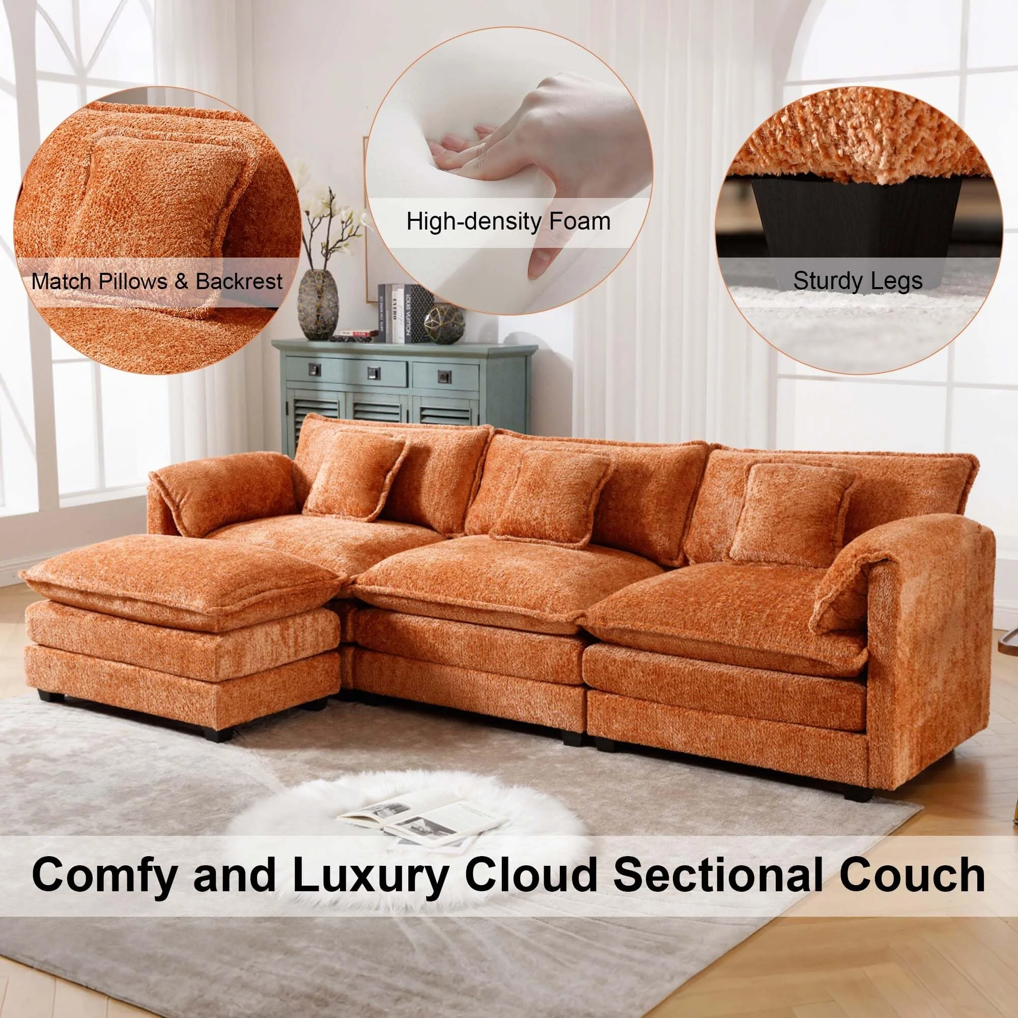 GNIXUU 112" Oversized Sectional Sofa Cloud Couch for Living Room, Modern Chenille L Shaped Couch, Comfy Boucle Modular Sofa Sleeper with Moveable Ottoman & Memory Foam (Green) - Image 53