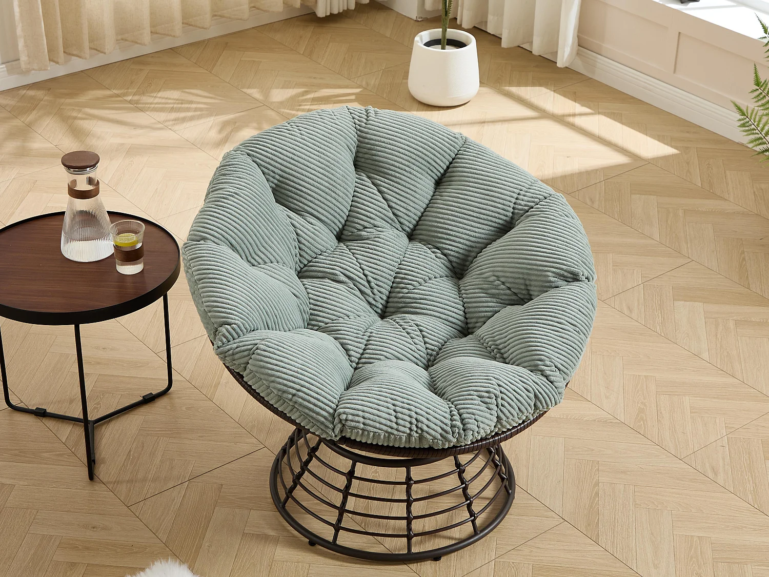 Fauteuil lounge papasan style bohème, pivotant 360° forme œuf en rotin PE avec coussin épais pour salon et balcon