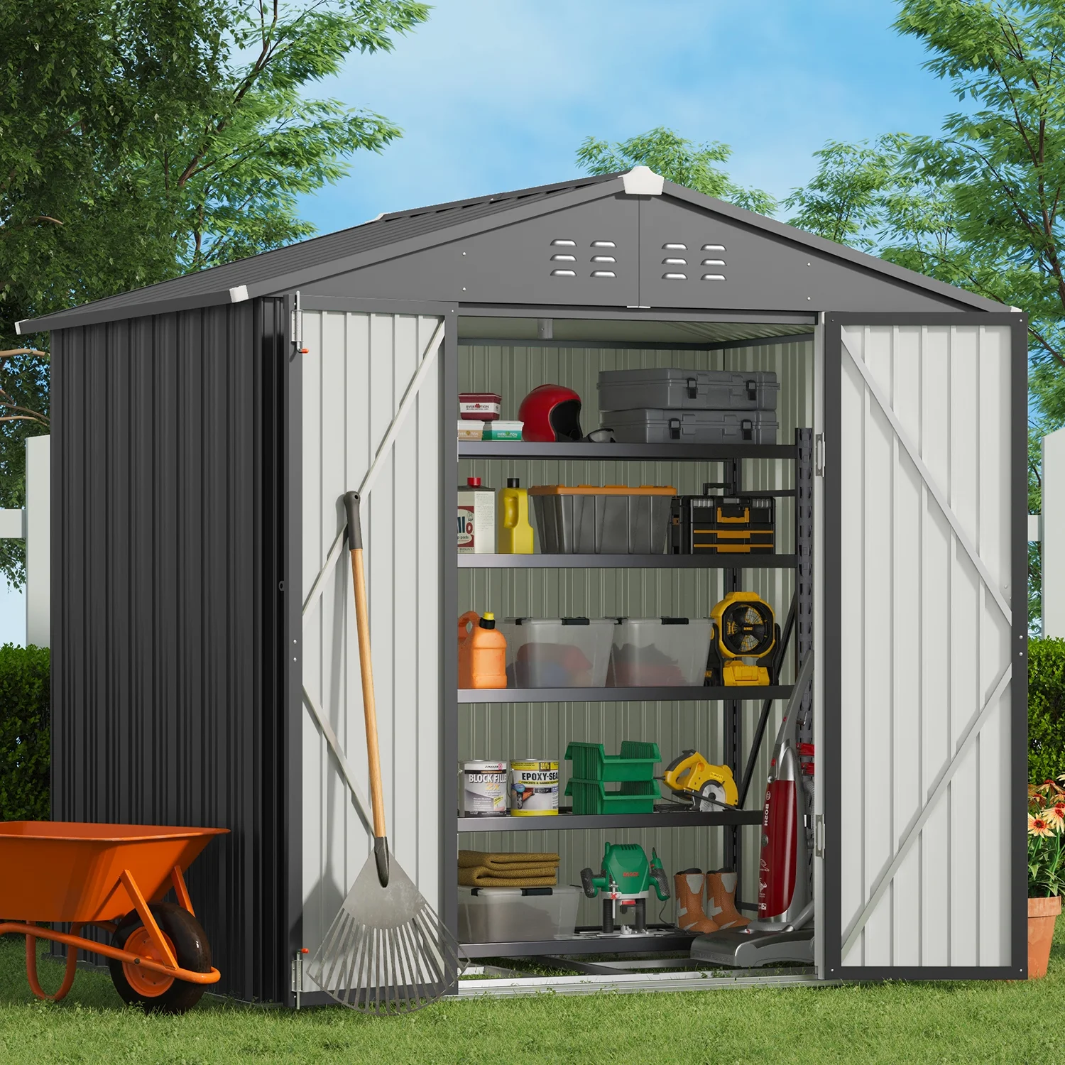 8' x 6' Outdoor Storage Shed, Lofka Garden Metal Shed with Double Lockable Doors and Air Vents for Patio, Garden, Backyard, Lawn, Gray - Image 4