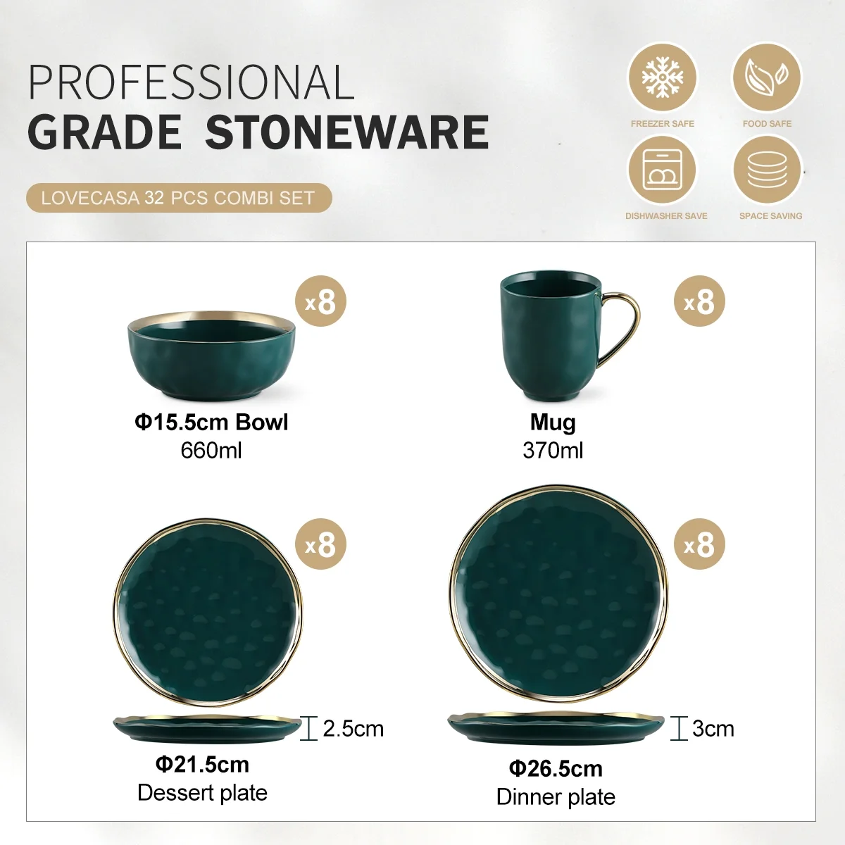 LOVECASA Dinnerware Sets, Stoneware Dinner Set for 8, 32-Piece Round Dark Green and Gold, Series Sweet