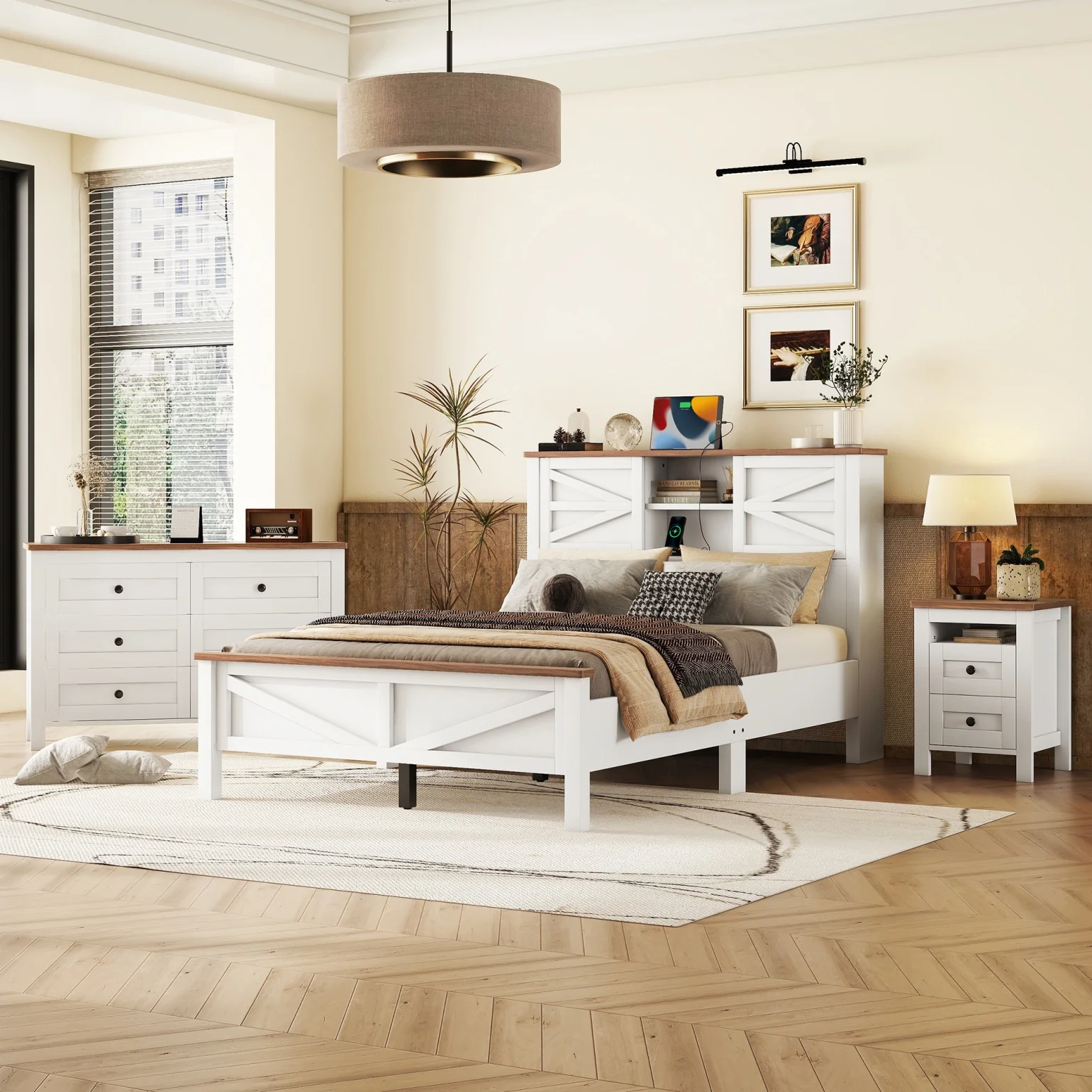 3-Pieces Bedroom Sets, Full Size Platform Bed with Charging Station and Double Sliding Door Headboard, Storage Nightstand and Dresser, White