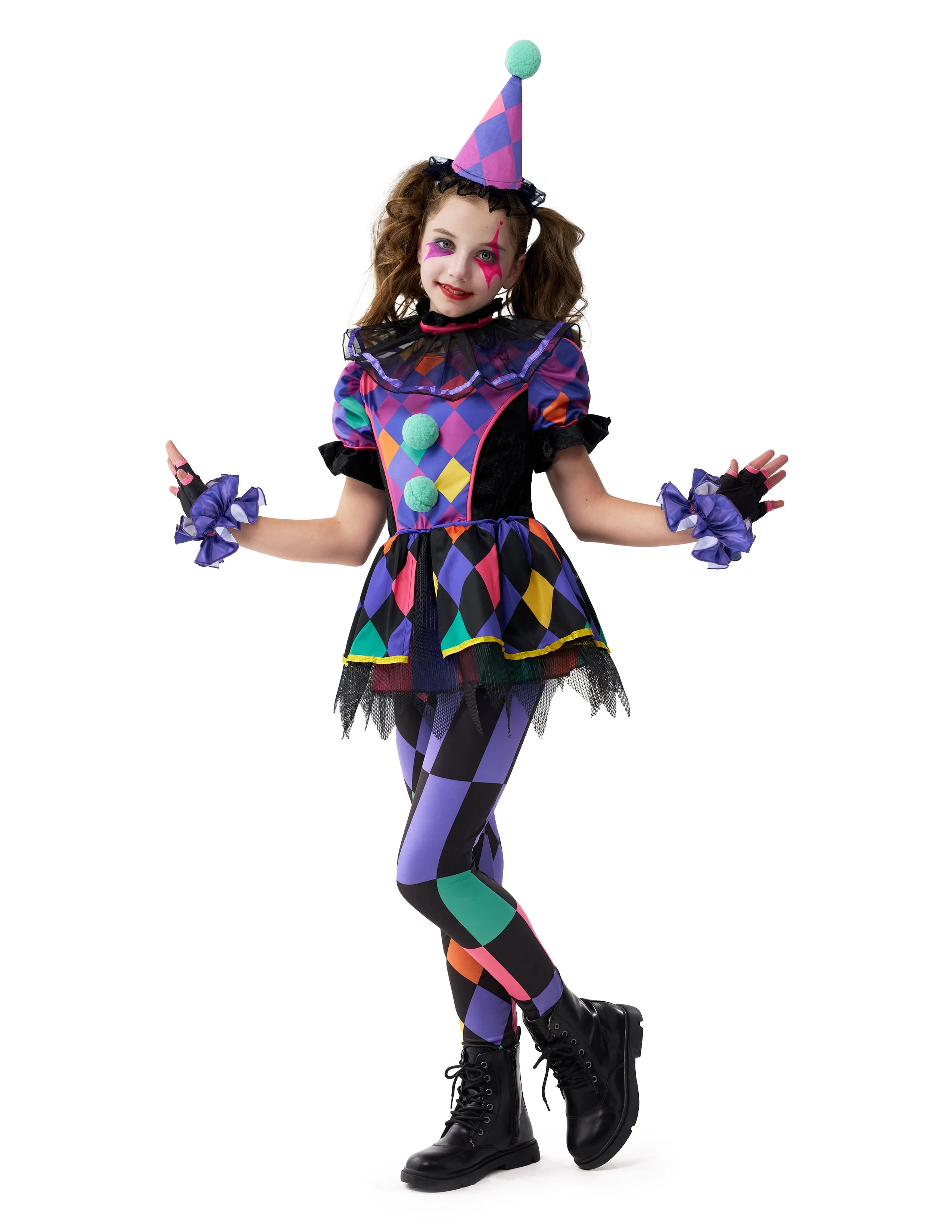 Joyfy Girls Clown Costume, Halloween Scary Clown Costume, Dark Colorful Twisted Clown Jester Dress for Girls Halloween Dress Up, Role Play, Cosplay Party - Image 5 Joyfy Girls Clown Costume, Halloween Scary Clown Costume, Dark Colorful Twisted Clown Jester Dress for Girls Halloween Dress Up, Role Play, Cosplay Party - Image 5