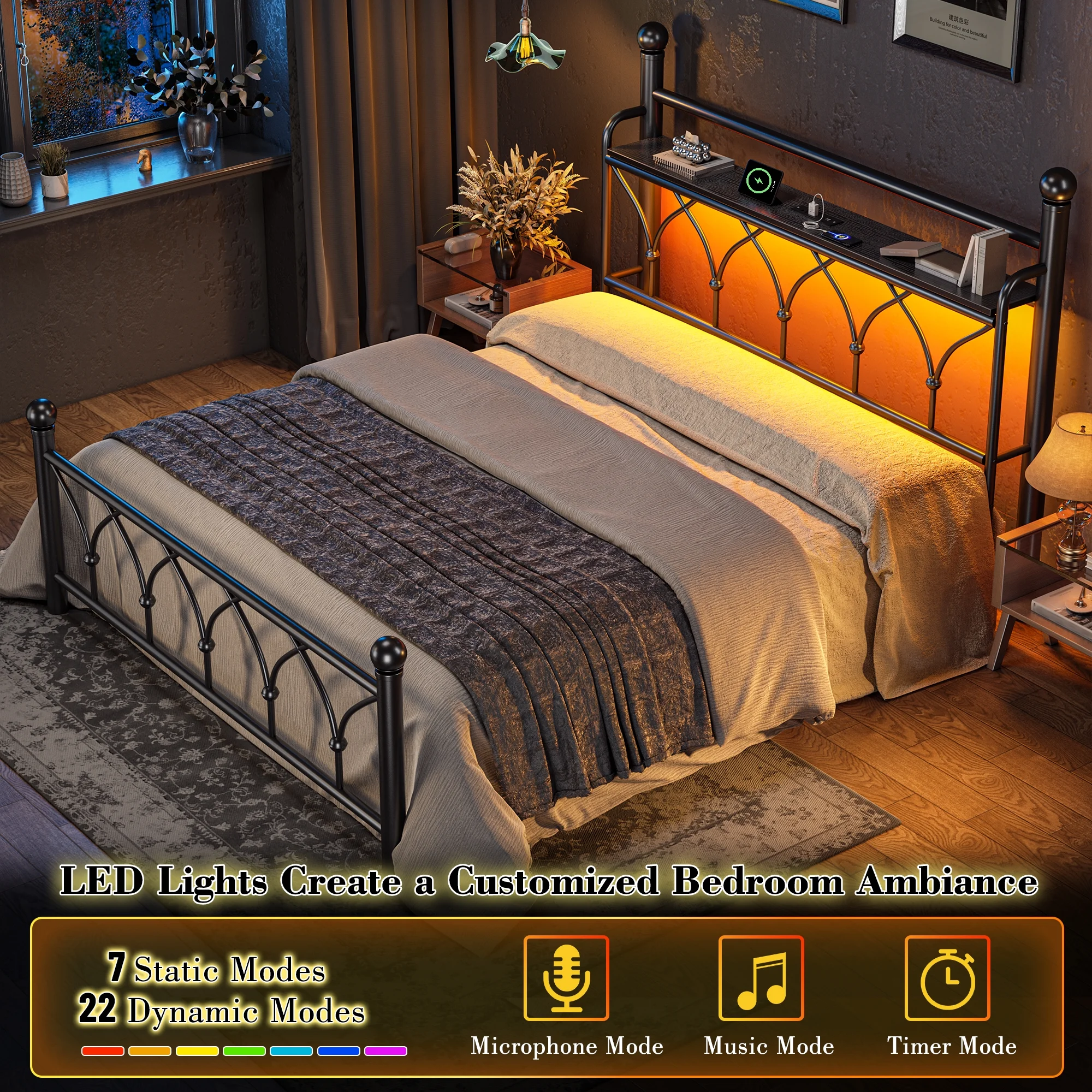 EnHomee Queen Size Metal Bed Frame with Vintage Headboard & Footboard Metal Platform Bed Frame Queen with LED Lights Bed Frame with Charge Station & Storage, Noise Free, Black