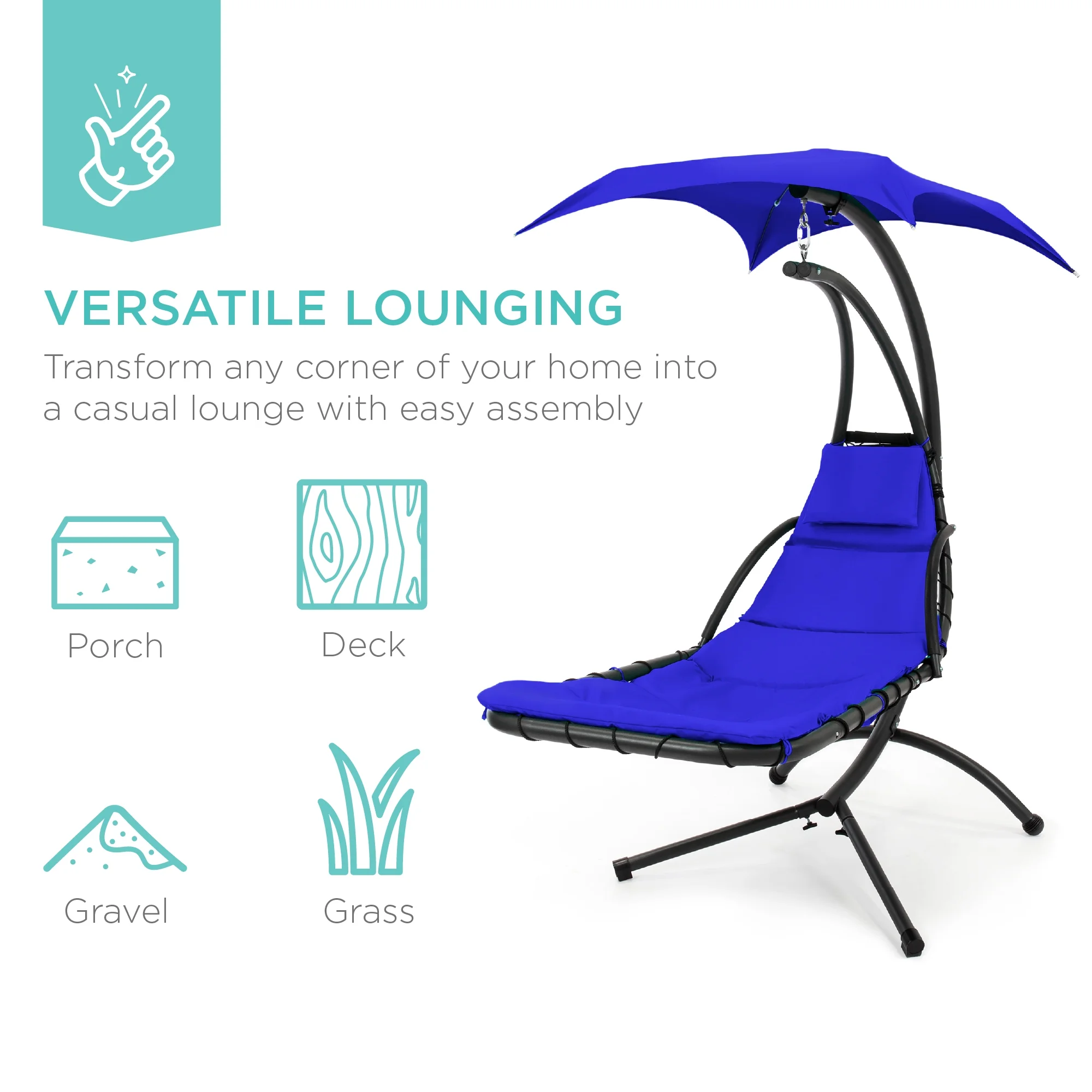 Best Choice Products Hanging Curved Chaise Lounge Chair Swing for Backyard, Patio w/ Pillow, Shade, Stand - Teal - Image 66