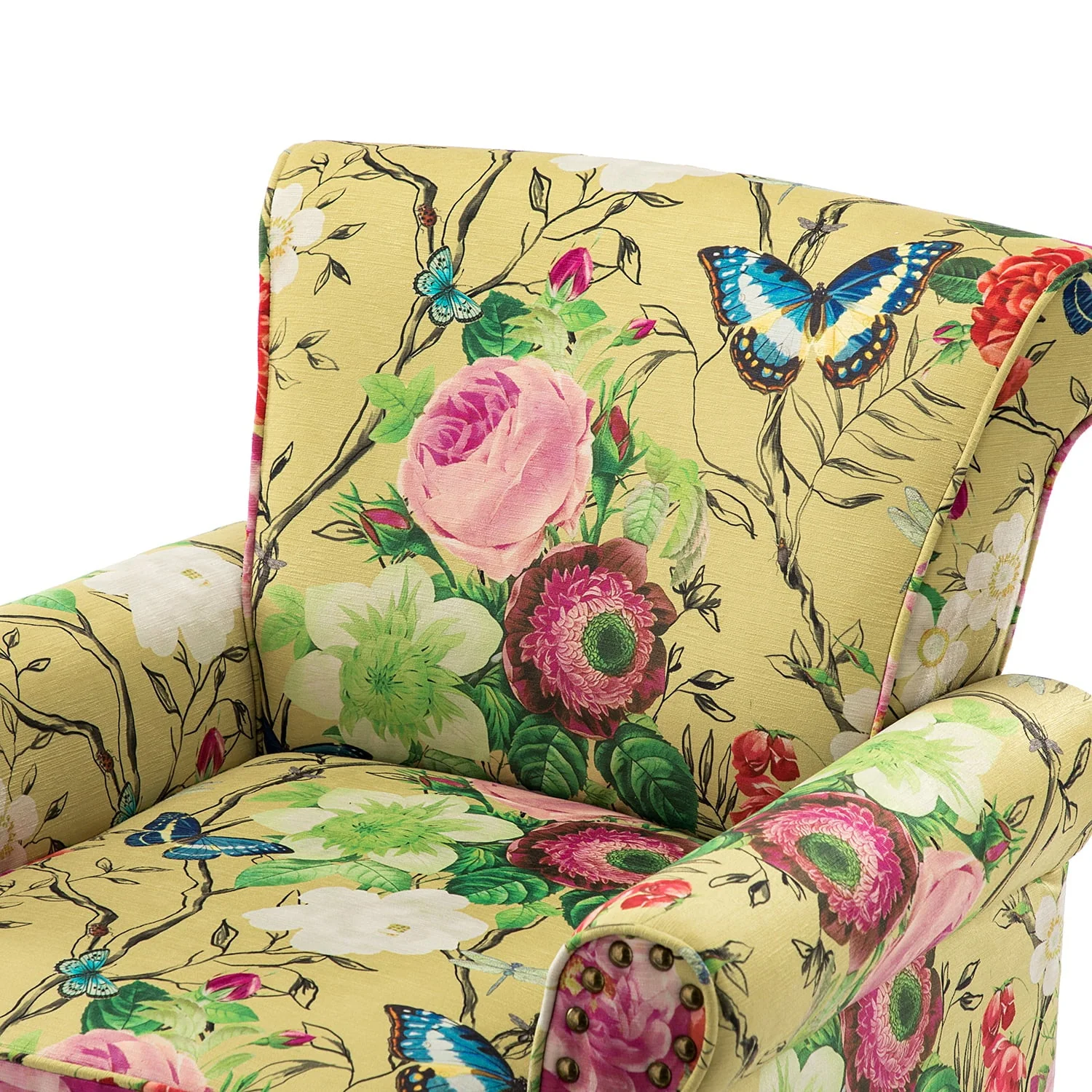 14 Karat Home Wingback Accent Chair Removable Cushion Floral Upholstered Sofa Armchair Couch Wood Legs Nailhead Trim Mustard - Image 5