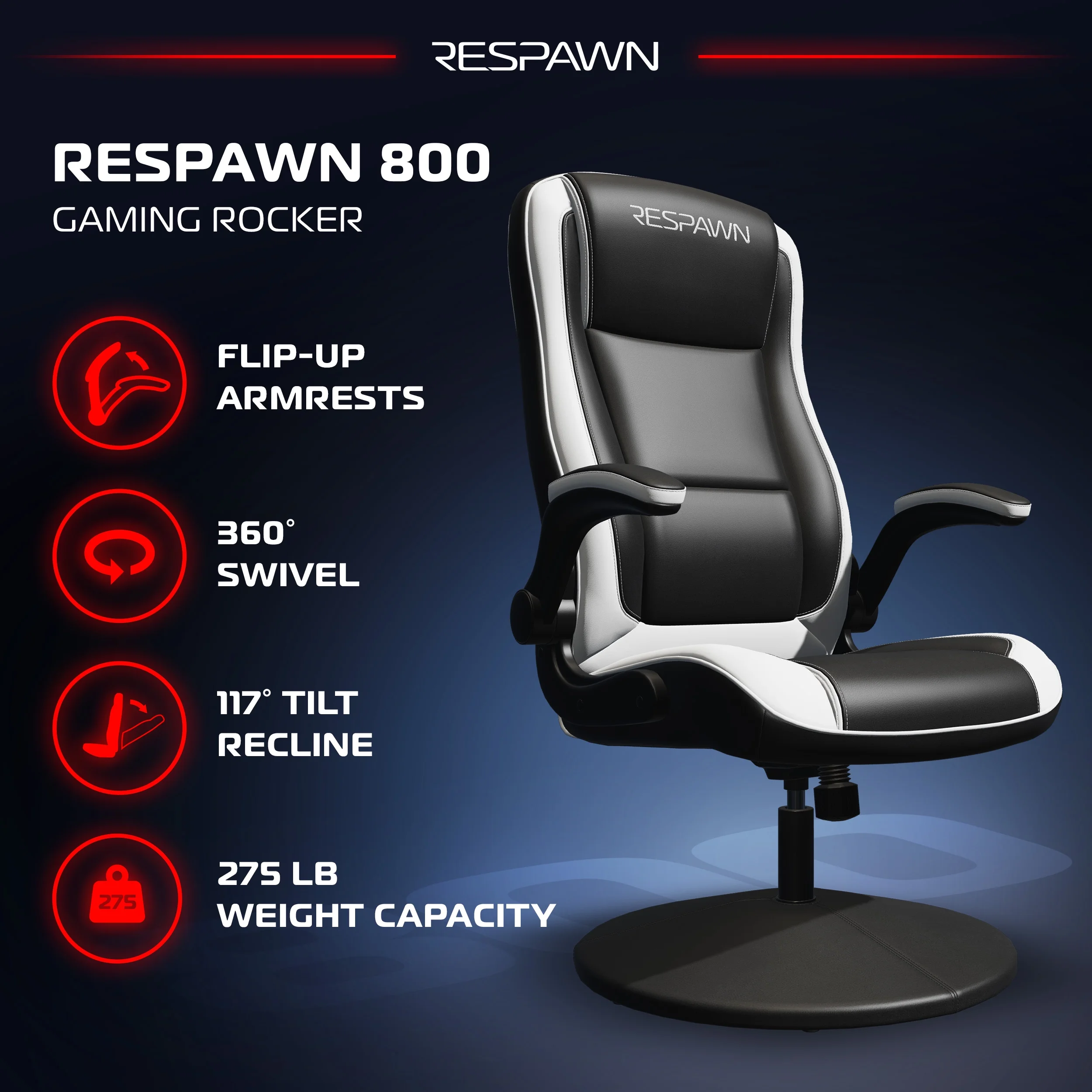 RESPAWN 800 Swivel Rocker Gaming Chair - Ergonomic Floor Gaming Seat with Lumbar Support, Flip Up Armrest, High Back, Pedestal Base, Comfortable No Wheels Console Video Game Rocker Chair - Red - Image 33