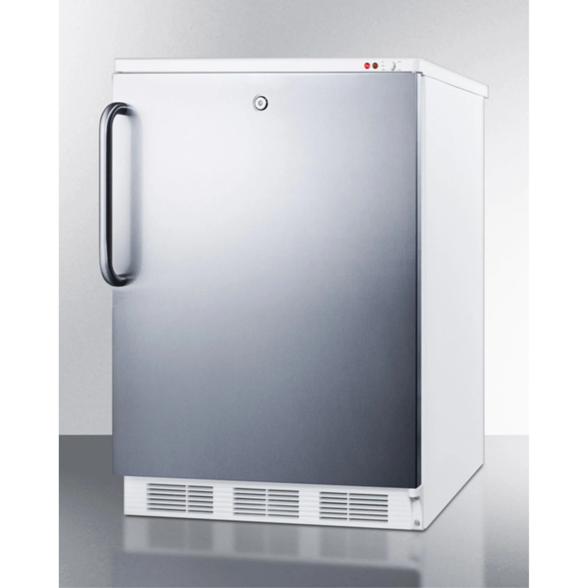 Freestanding medical all-freezer capable of -25 C operation, with front lock, wrapped stainless steel door and towel bar handle
