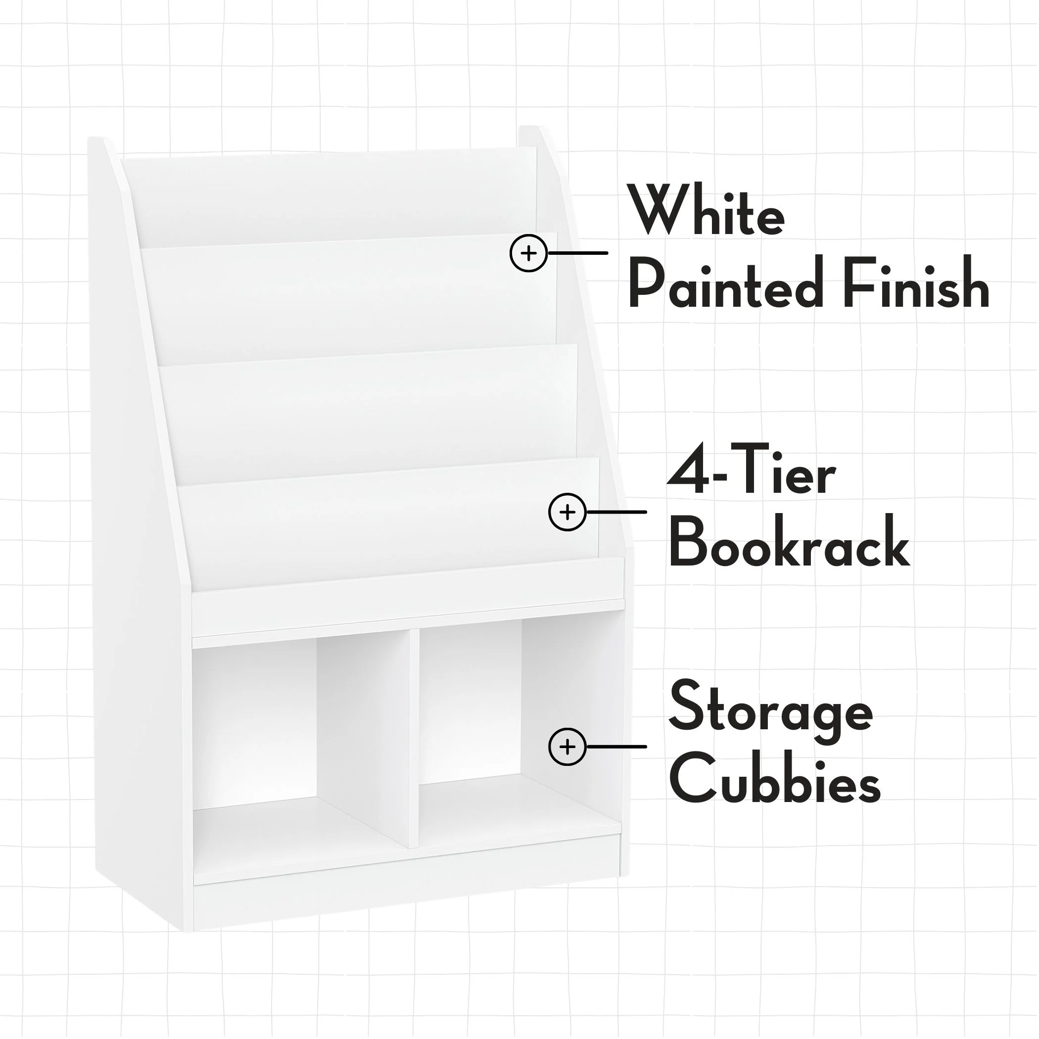 RiverRidge Kid Bookshelf Toy Storage Organizer with 4 Bookracks 2 Cubbies and 2 Gray Bins - Image 4