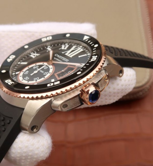 Replica Cartier JJF Calibre De Cartier Diver SS Black Dial RG Bezel Black Rubber Strap A23J - Top club