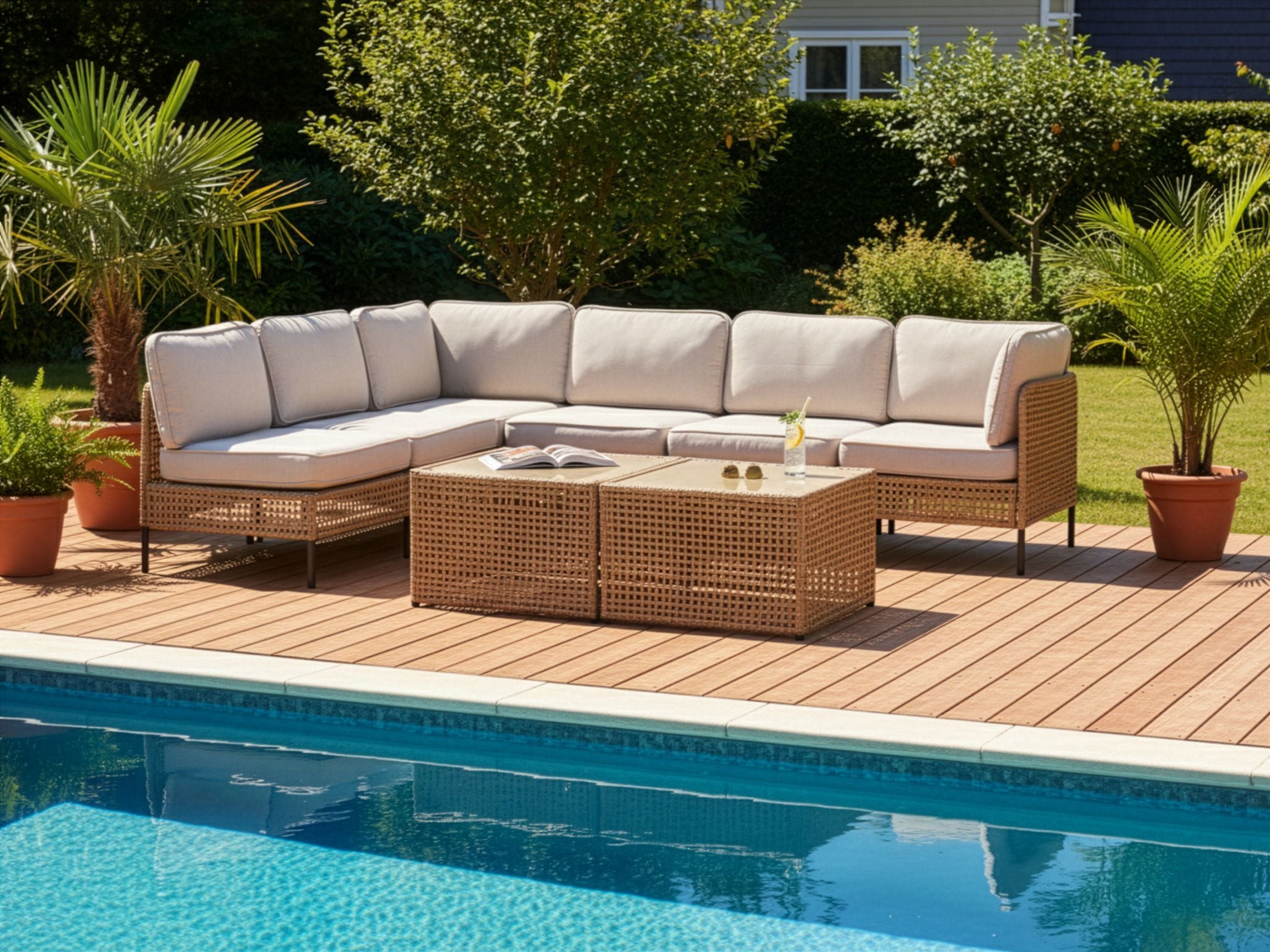 Garden Corner Sofa with Table 6 Seater OMEGANA Modular PE Rattan Light Beige