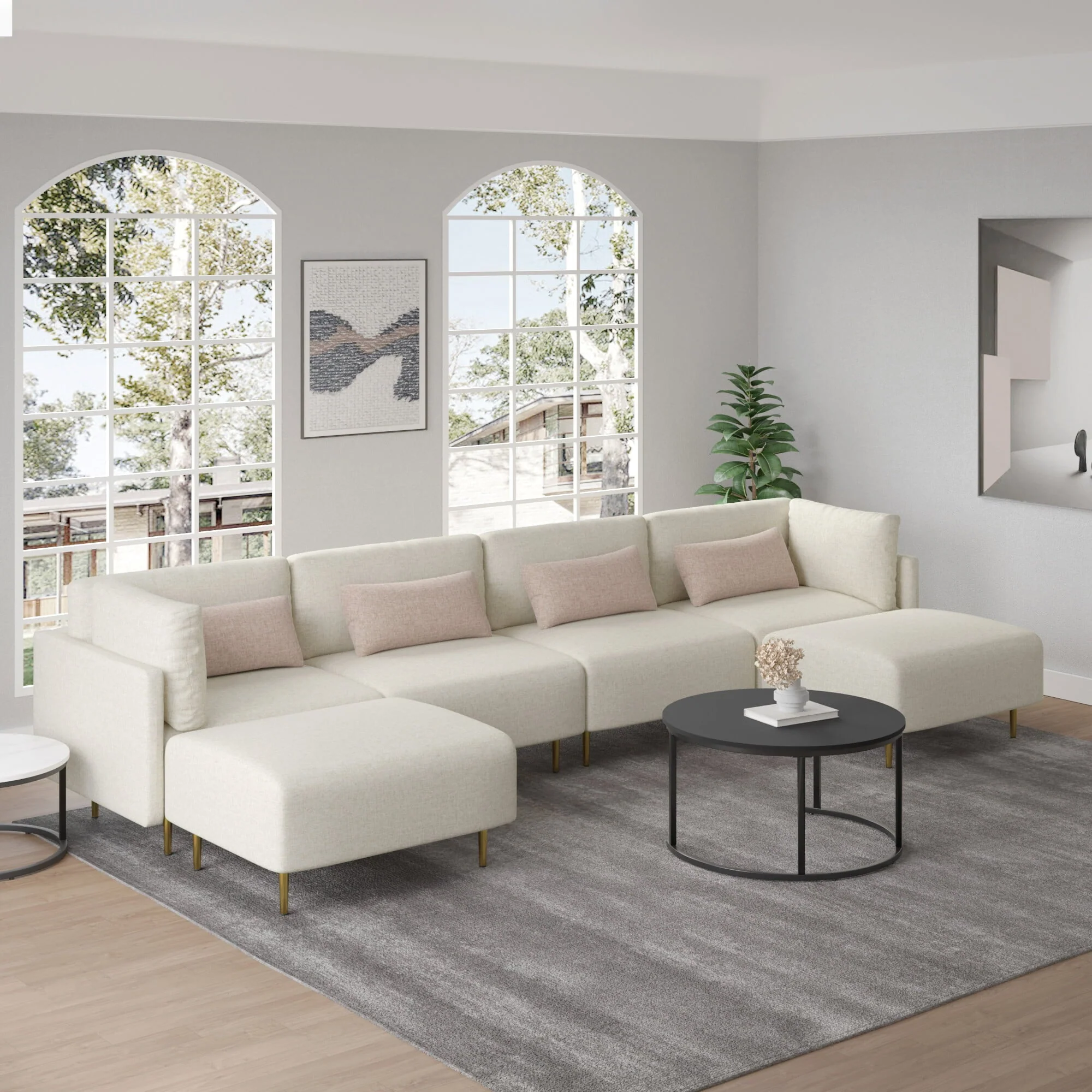 Magic Home Convertible Modular Sectional Sofa Couch with Ottomans,U-Shaped Modern Linen Fabric Sofa for Living Room,Apartment and Small Space,Beige