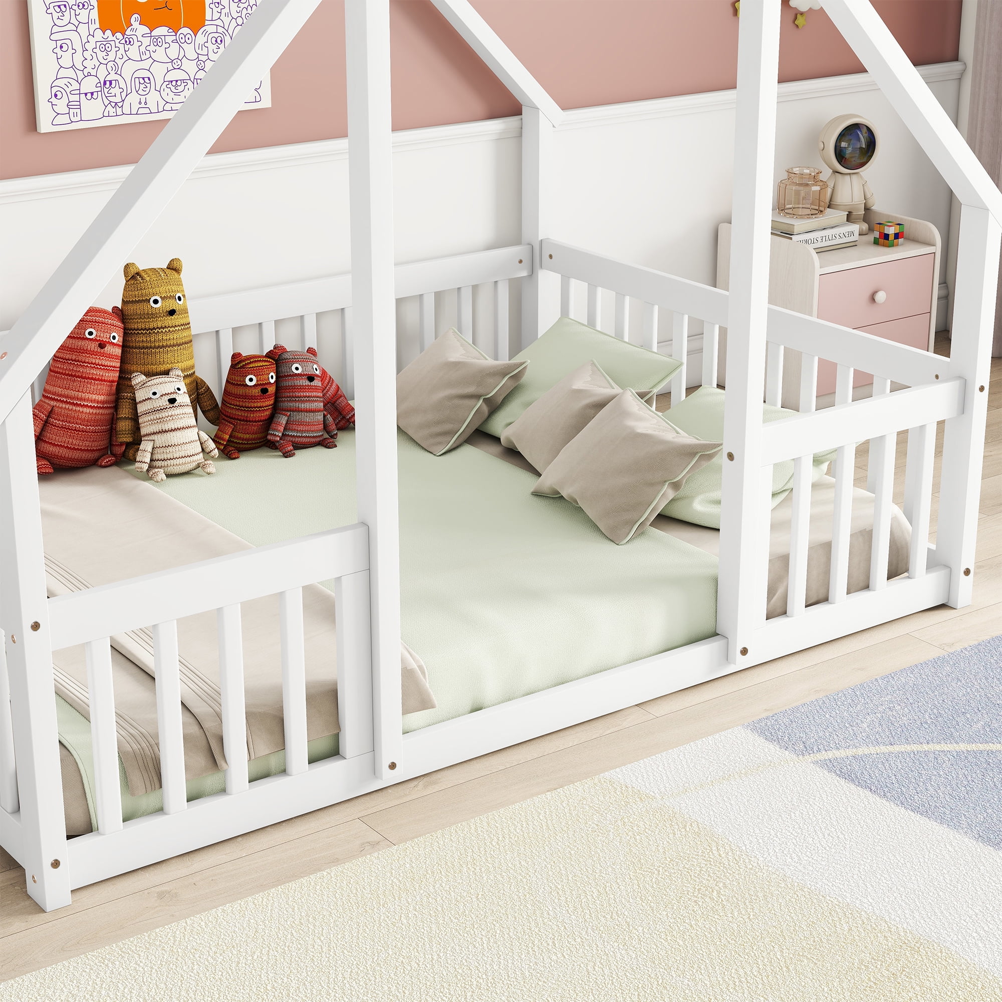 Bellemave Twin Size Floor Bed Frame, Wooden House Bed Twin Size with Fence, Montessori Bed with Guardrails for Bedroom (White) - Image 18