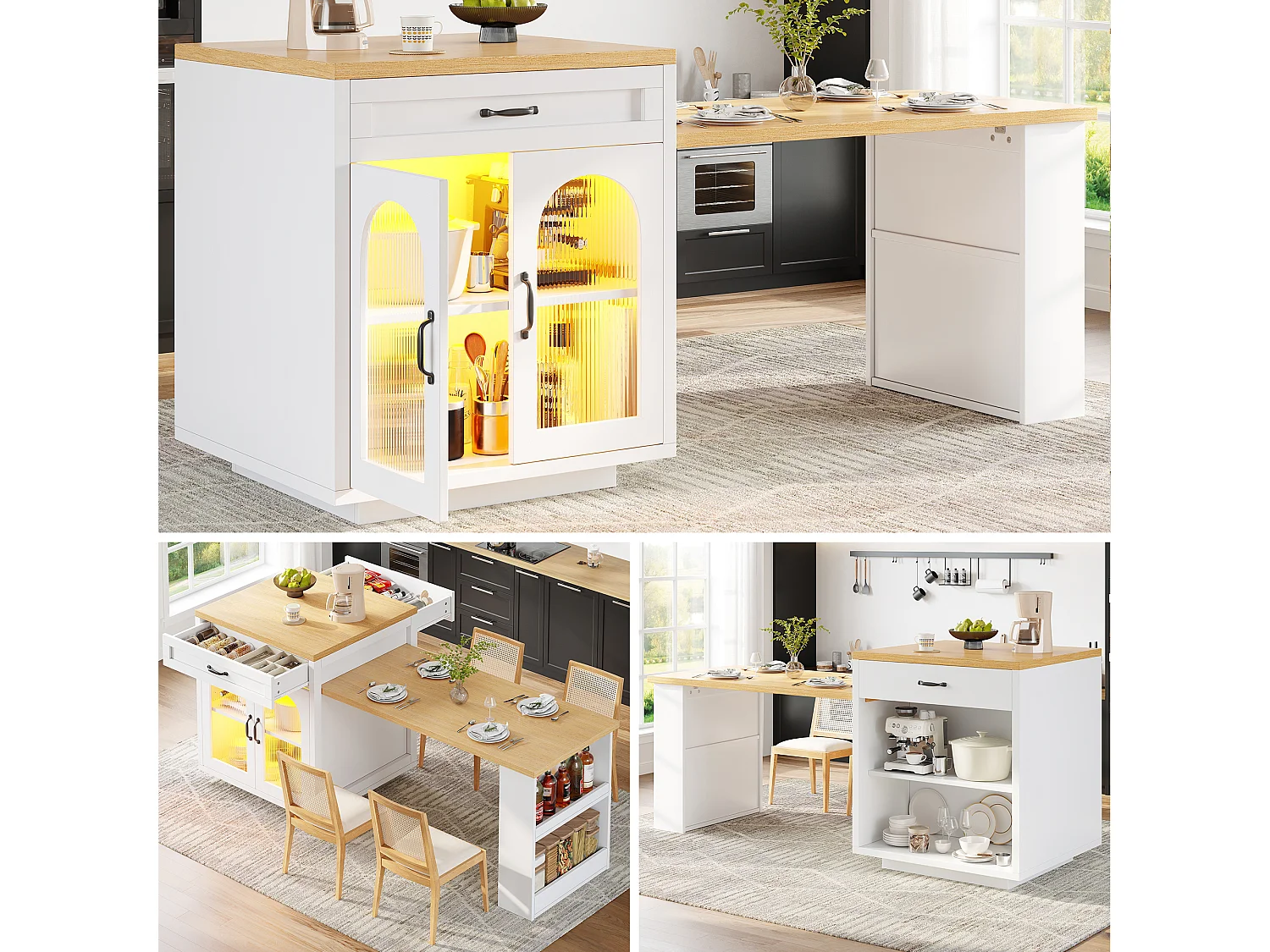 Îlot de cuisine extensible - 126-196 x 59 x 94 cm - avec Leds + 2 tiroirs + étagères + portes en verre - MDF - blanc