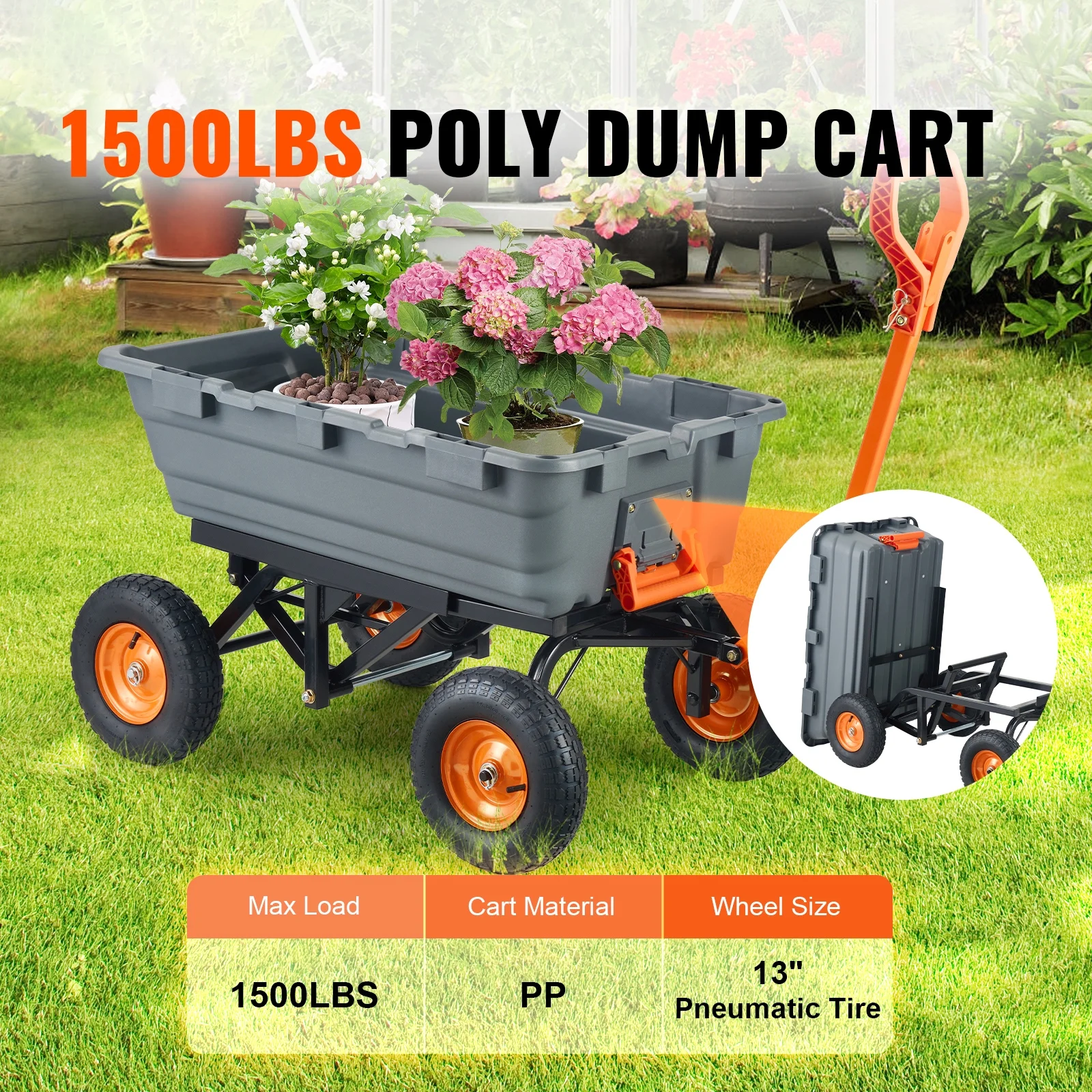 KFFKFF Garden Dump Cart, 35.8x19.5x8.2 in Dump Truck Cart, Max. 600lbs Load Capacity, 10in Rubber Tire, 180�� Adjustable Handle - Image 21