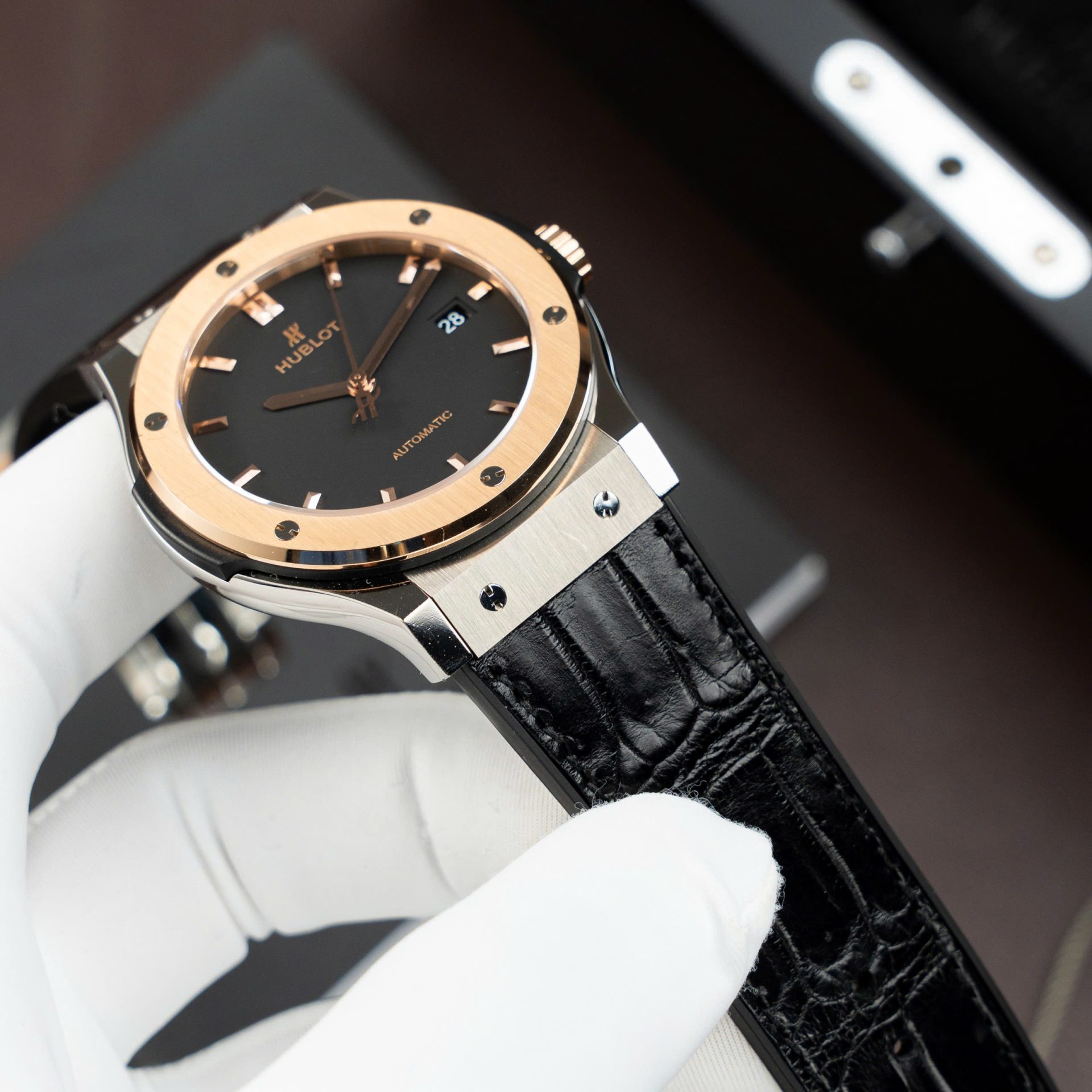 Hublot Classic Fusion Titanium King Gold Copies Watches Movement SW300 Crocodile Leather Strap 42mm - Top club
