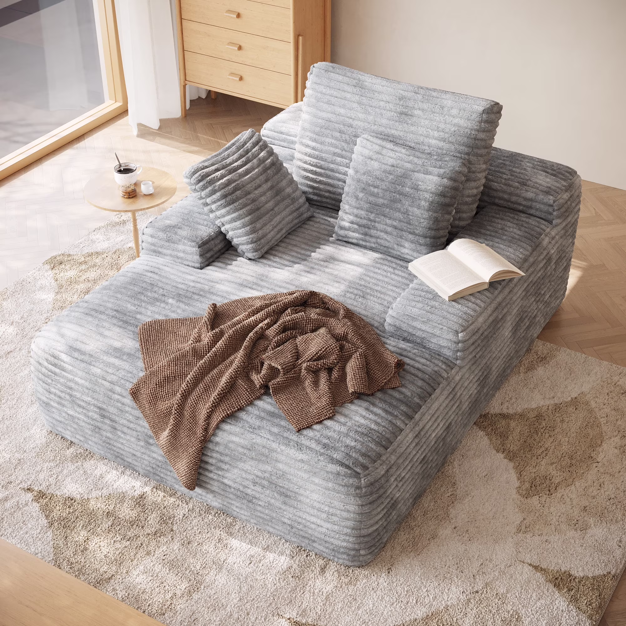 Sodrens Oversized Chaise Lounge Chair Indoor,Upholstered Sofa Bed with Throw Pillows and Armrests,Sleeper Chair for Living Room,Bedroom,Brown,Corduroy - Image 7