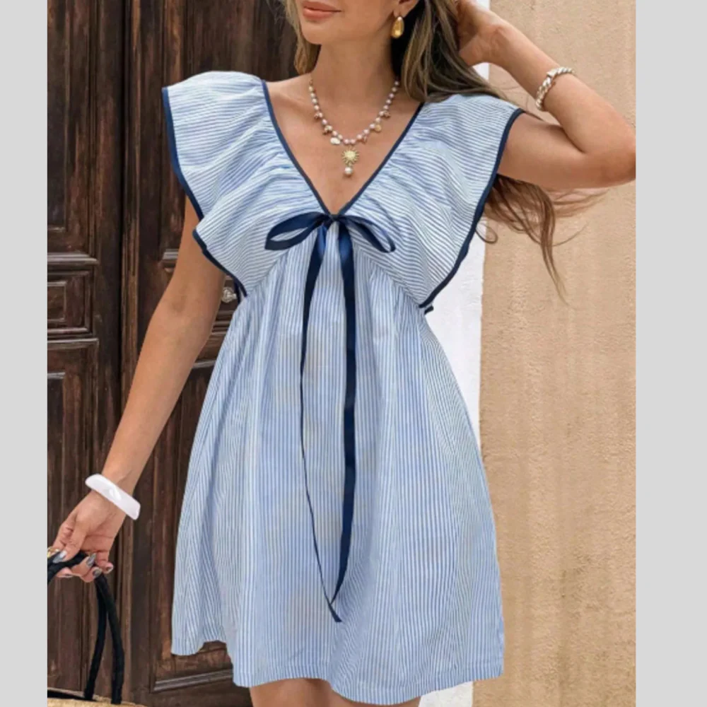 Striped Ruffle Sleeve Mini Dress - ZKZOOK