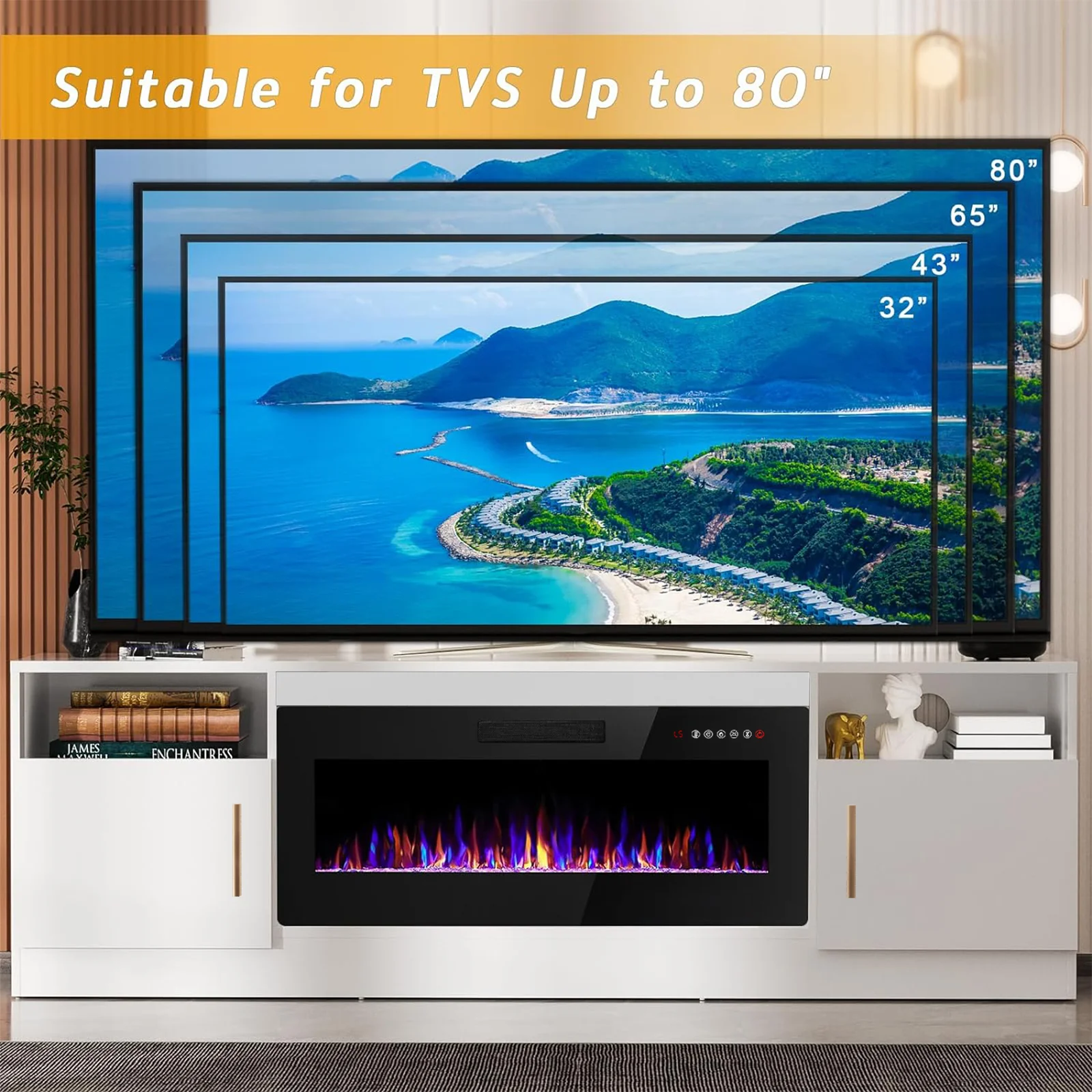 Waleaf Fireplace TV Stand with 36" Electric Fireplace Up to 80" TVs, Modern Wood Media TV Console with Highlight Cabinet, White - Image 2