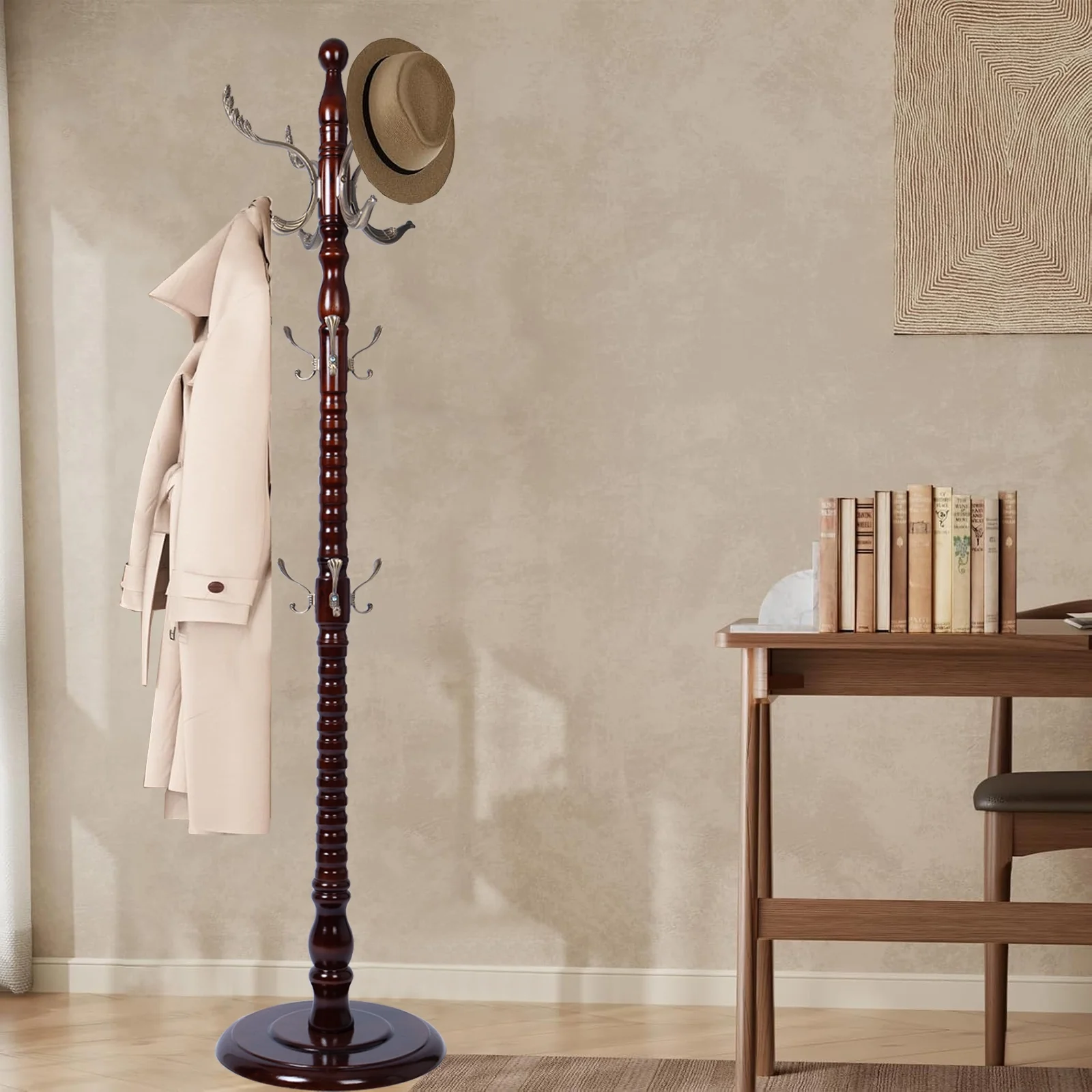 Coat Rack Freestanding, Hall Tree with 11 Hooks, Heavy Duty Wooden Coat Tree Stand, Adjustable Height, Sturdy Base for Bedroom Hallway Office - Load 270lbs - Image 29