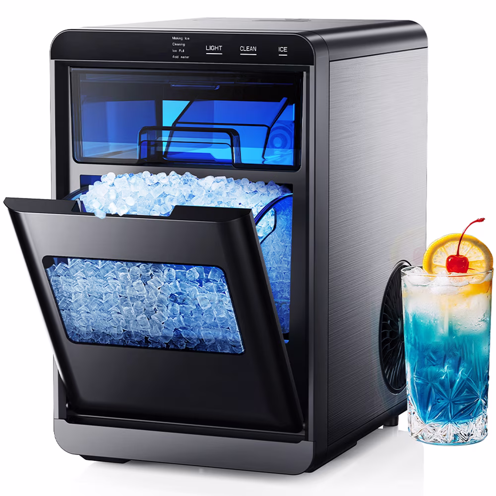Simzlife Nugget Ice Maker Countertop, 44.9lbs per Day Chewable Pebble Nugget Ice Machine with Touch Screen for Home, Kitchen, Office, Stainless Steel, Black