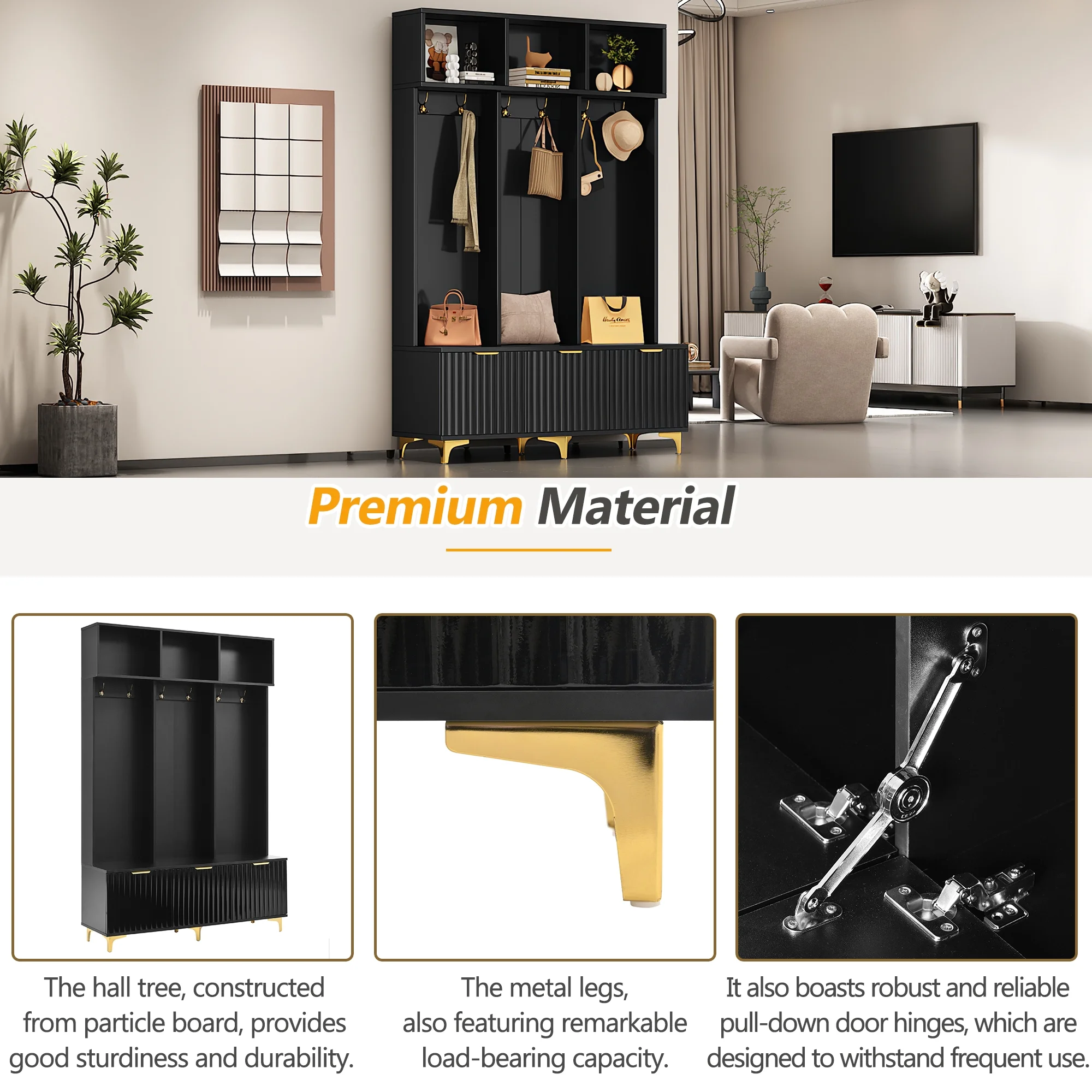 Euroco Modern Hall Tree with High Gloss Fluted Doors, Gold Accents, Shoe Storage & Bench a?? Entryway Organizer with Cubbies and Coat Hooks - Image 7