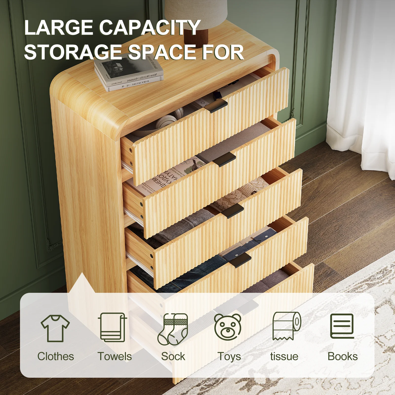 SELOOYE Fluted 5 Drawers Dresser for Bedroom, 47" Tall Modern Dresser Chest of Drawers, Black Accents, Fluted Fronts, Wood Storage Dressers Organizer for Bedroom, Living Room, Natural - Image 5