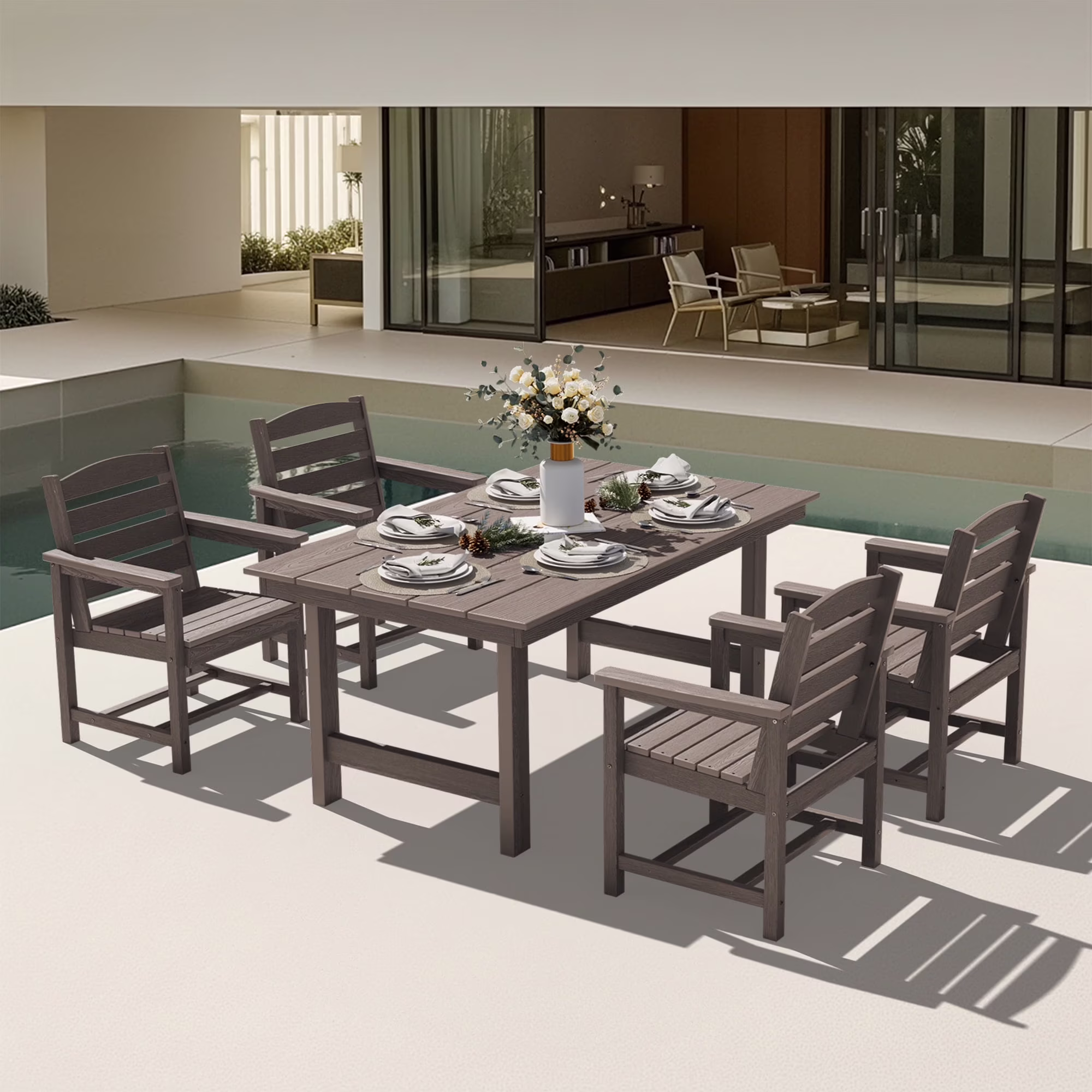 KINGYES 7-Piece Outdoor Dining Set, HDPE Patio Table and Chairs with Umbrella Hole, Gray - Image 14
