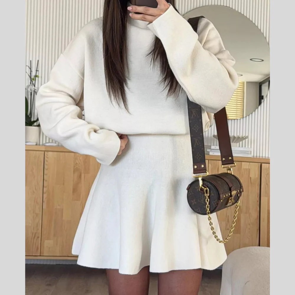 Turtleneck Dropped Shoulder Sweater and Skirt Set - ZKZOOK