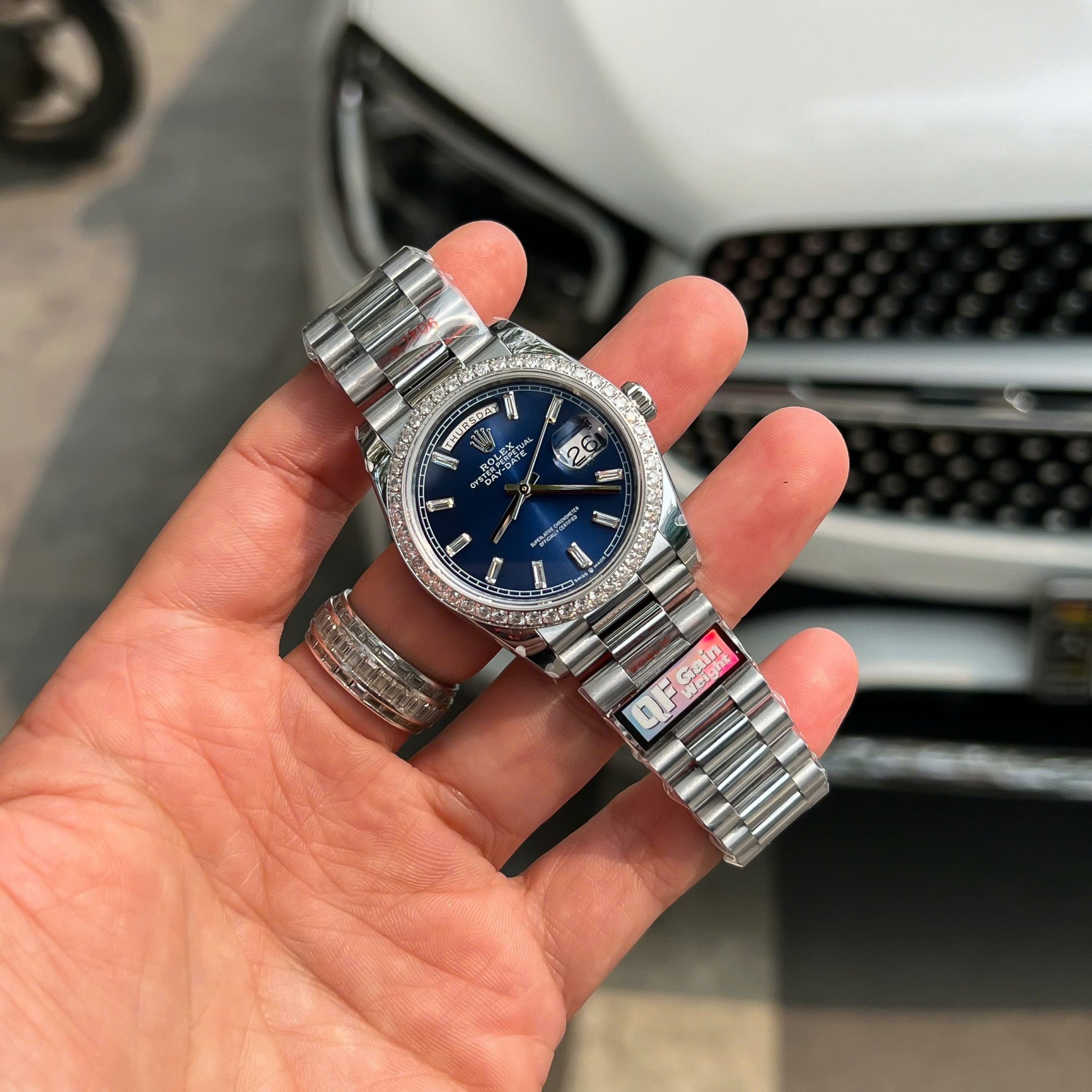 Rolex Day-Date Blue Dial Replica 11 Watch Bezel Diamonds Moissanite QF Factory 36mm - Elite Watch Atelier