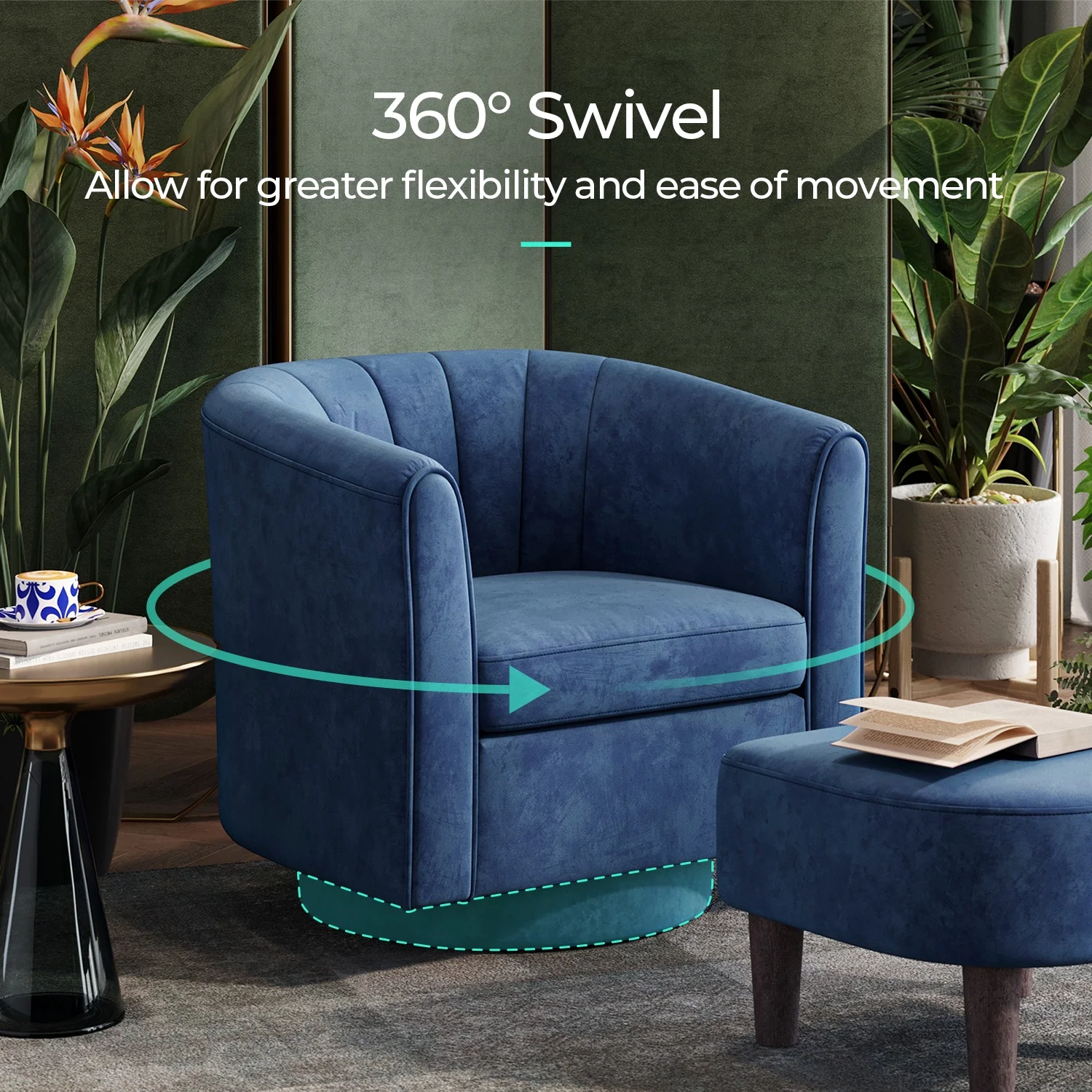 LINSY HOME Swivel Accent Chair with Ottoman, Velvet Barrel Chair for Living Room, Blue - Image 8