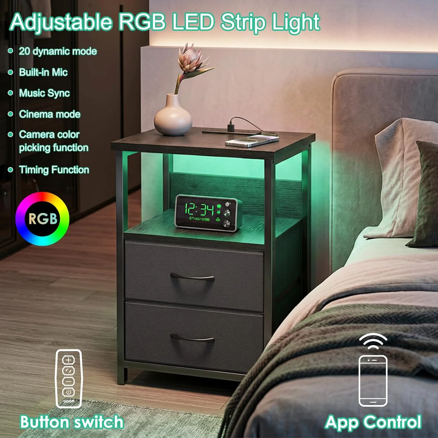Black Nightstand Set of 2 with Charging Station, RGB LED & 2 Fabric Drawers - Image 4 Black Nightstand Set of 2 with Charging Station, RGB LED & 2 Fabric Drawers - Image 4