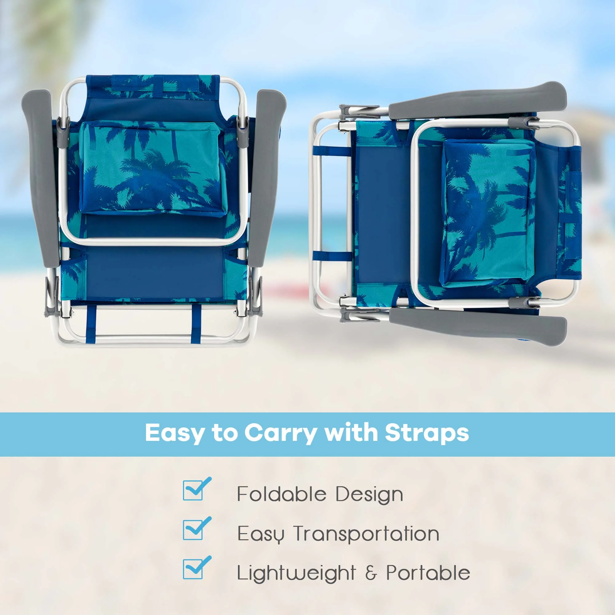 Costway 2-Pack Folding Backpack Beach Chair Table Set 5-Position Outdoor Reclining Chair Pink - Image 73