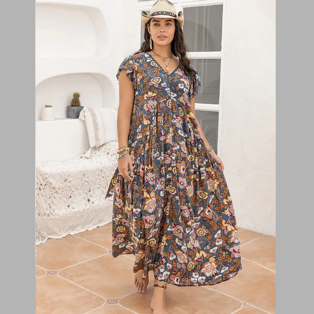 Plus Size Ruffled Printed Cap Sleeve Dress - ZKZOOK