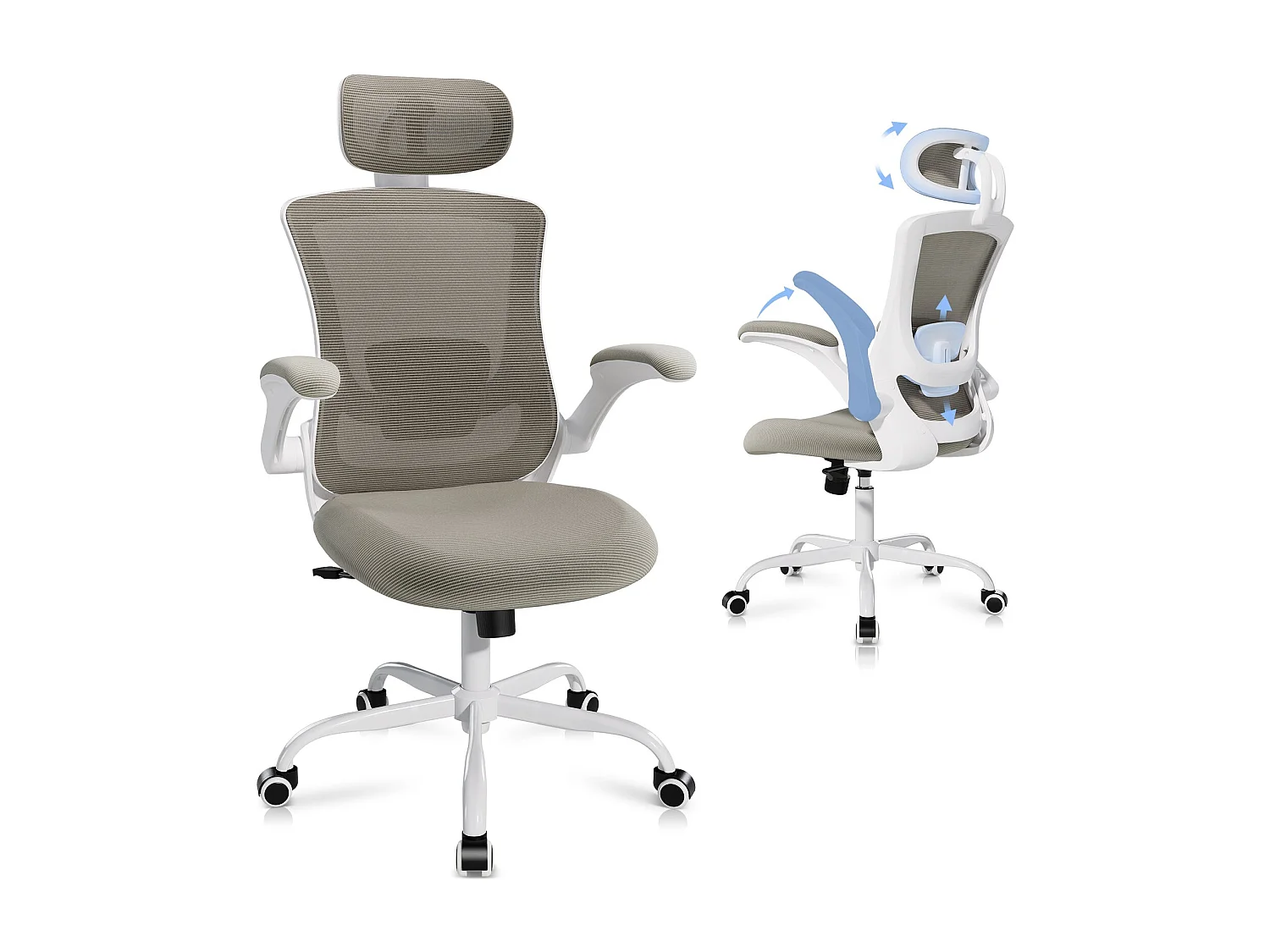 Chaise de bureau ergonomique – Dossier haut en mesh, soutien lombaire et appuie-tête réglables, accoudoirs relevables – Kaki