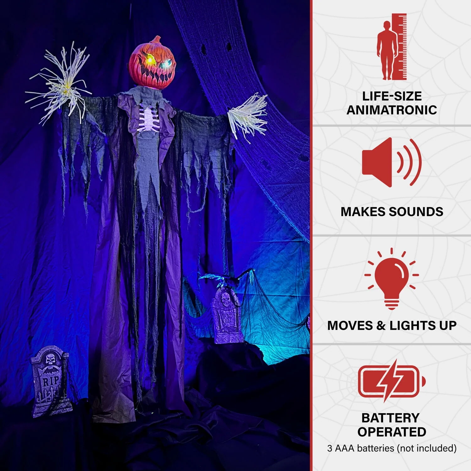 Haunted Hill Farm Life-Size Poseable 6.7-Ft. Pumpkin Scarecrow with Lights and Sound, Indoor or Covered Outdoor Halloween Decoration - Image 3 Haunted Hill Farm Life-Size Poseable 6.7-Ft. Pumpkin Scarecrow with Lights and Sound, Indoor or Covered Outdoor Halloween Decoration - Image 3