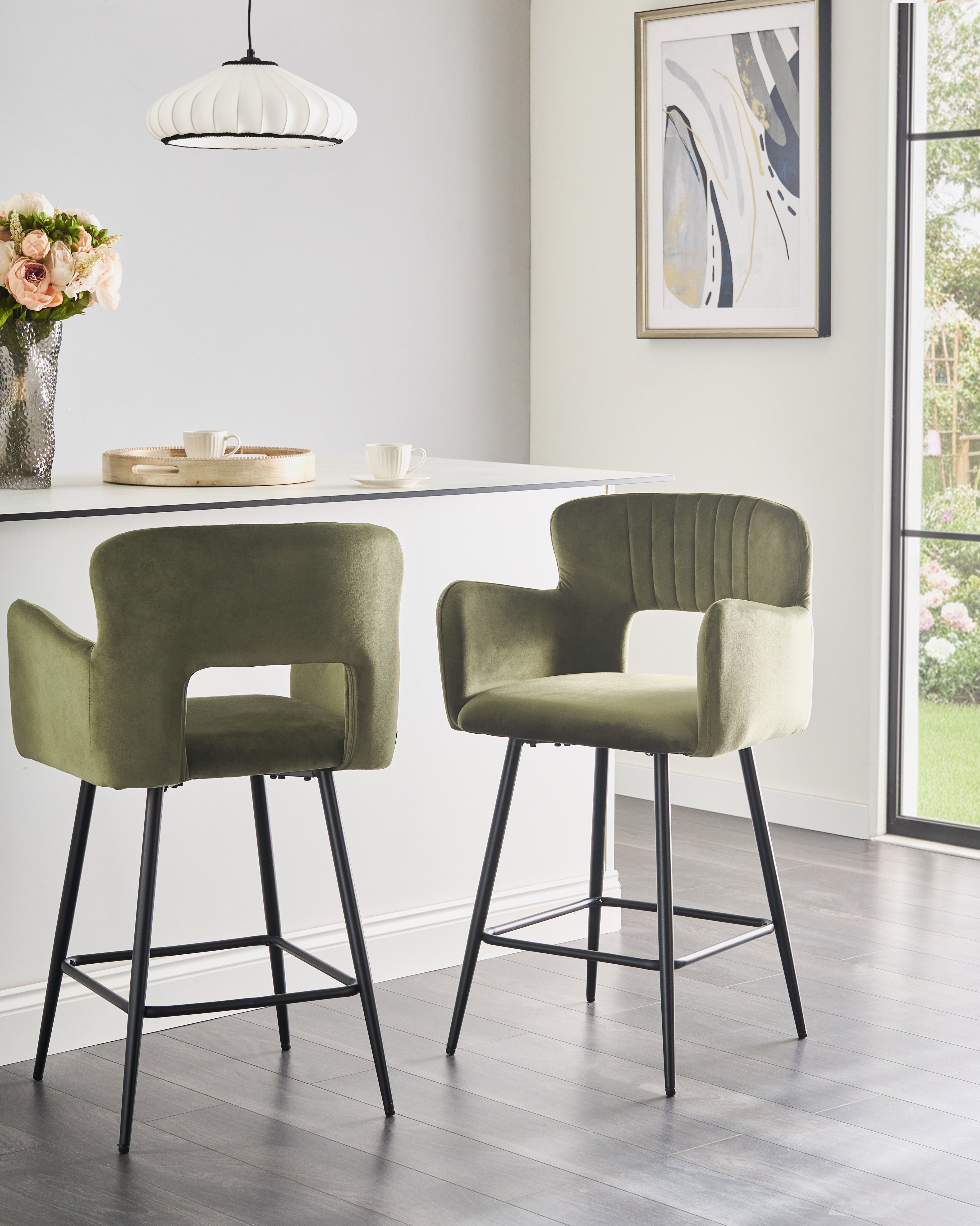 Set of 2 Bar Chairs SANILAC Velvet Olive Green