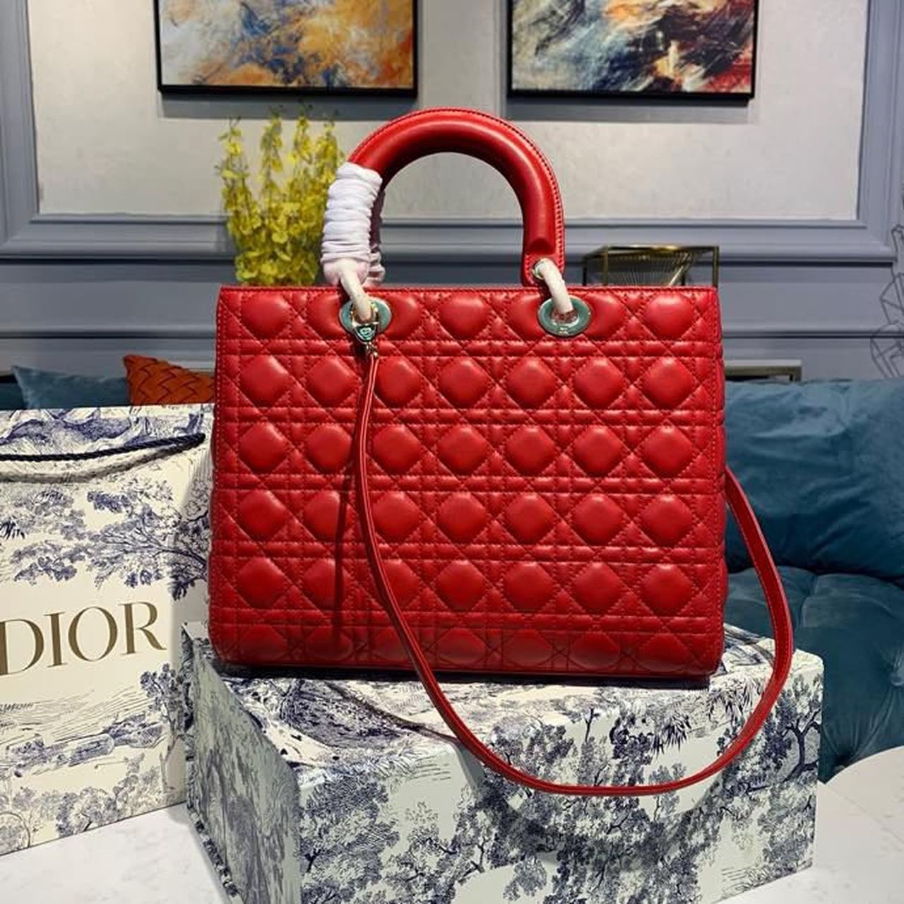 Christian Dior Large Lady Dior Bag Gold Toned Hardware Cherry Red Cannage For Women CD 12.5in/32cm M0566ONGE_M52R1:1High-quality replica