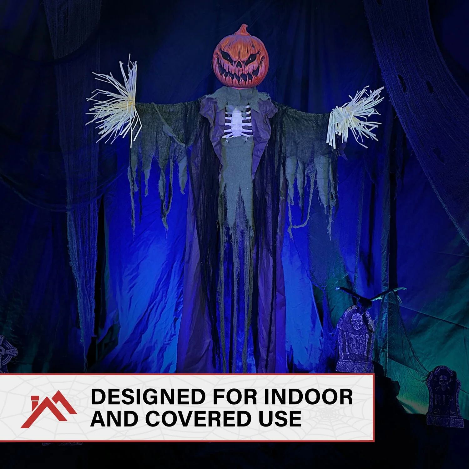 Haunted Hill Farm Life-Size Poseable 6.7-Ft. Pumpkin Scarecrow with Lights and Sound, Indoor or Covered Outdoor Halloween Decoration - Image 4 Haunted Hill Farm Life-Size Poseable 6.7-Ft. Pumpkin Scarecrow with Lights and Sound, Indoor or Covered Outdoor Halloween Decoration - Image 4