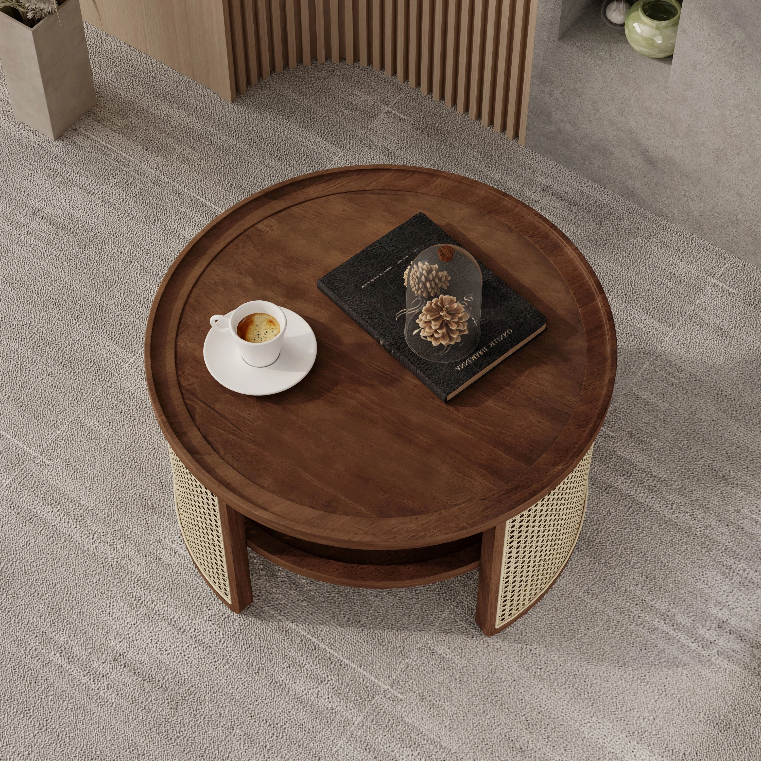 Harper & Bright Designs Rattan Round Coffee Table with Storage Shelf, Round Cane Wood Center Table for Living Room, 37'' Brown - Image 25