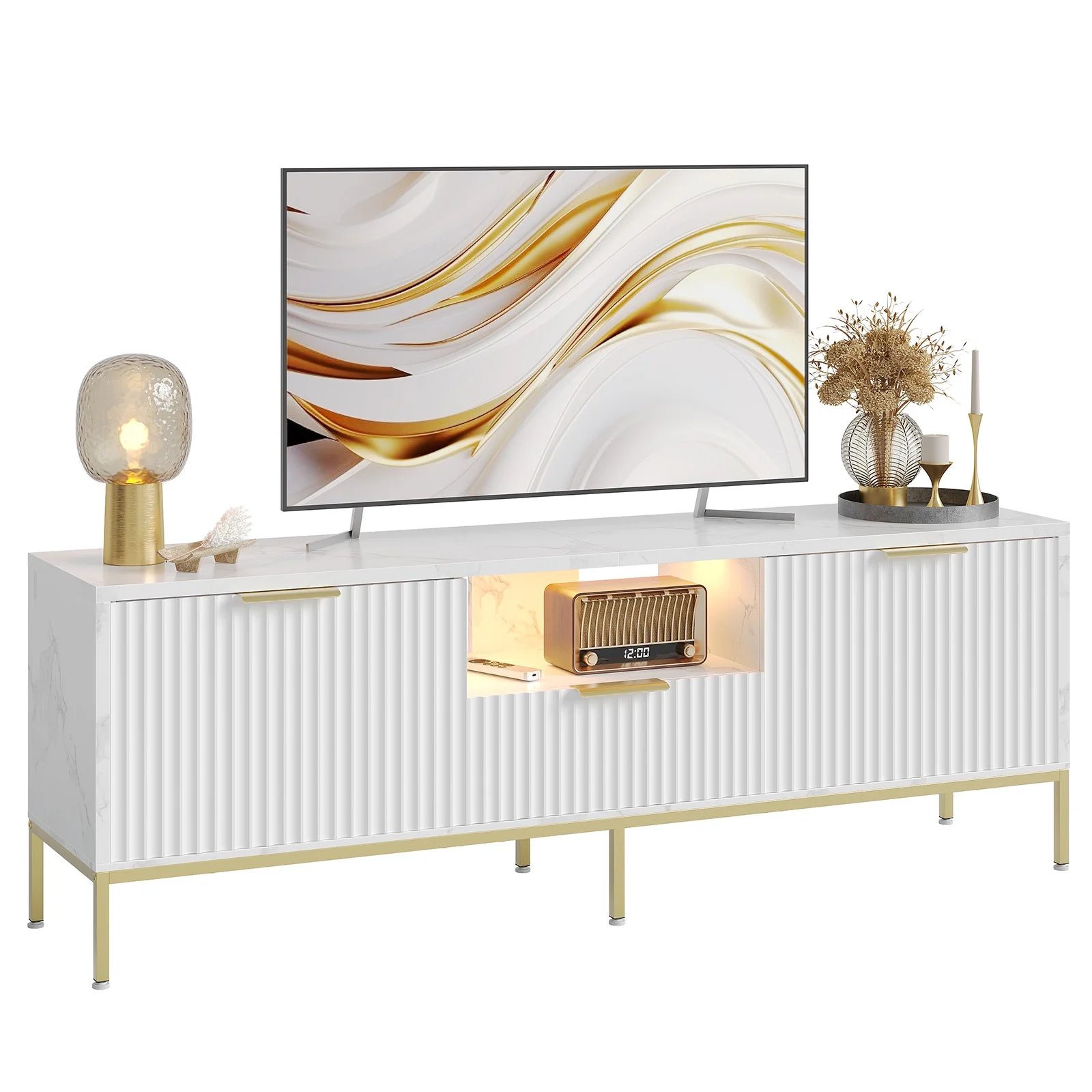 Bestier 55" LED TV Stand for TVs up to 60" Modern High Gloss Entertainment Center with Drawers Cabinets Fluted TV Console, White & Gold - Image 36