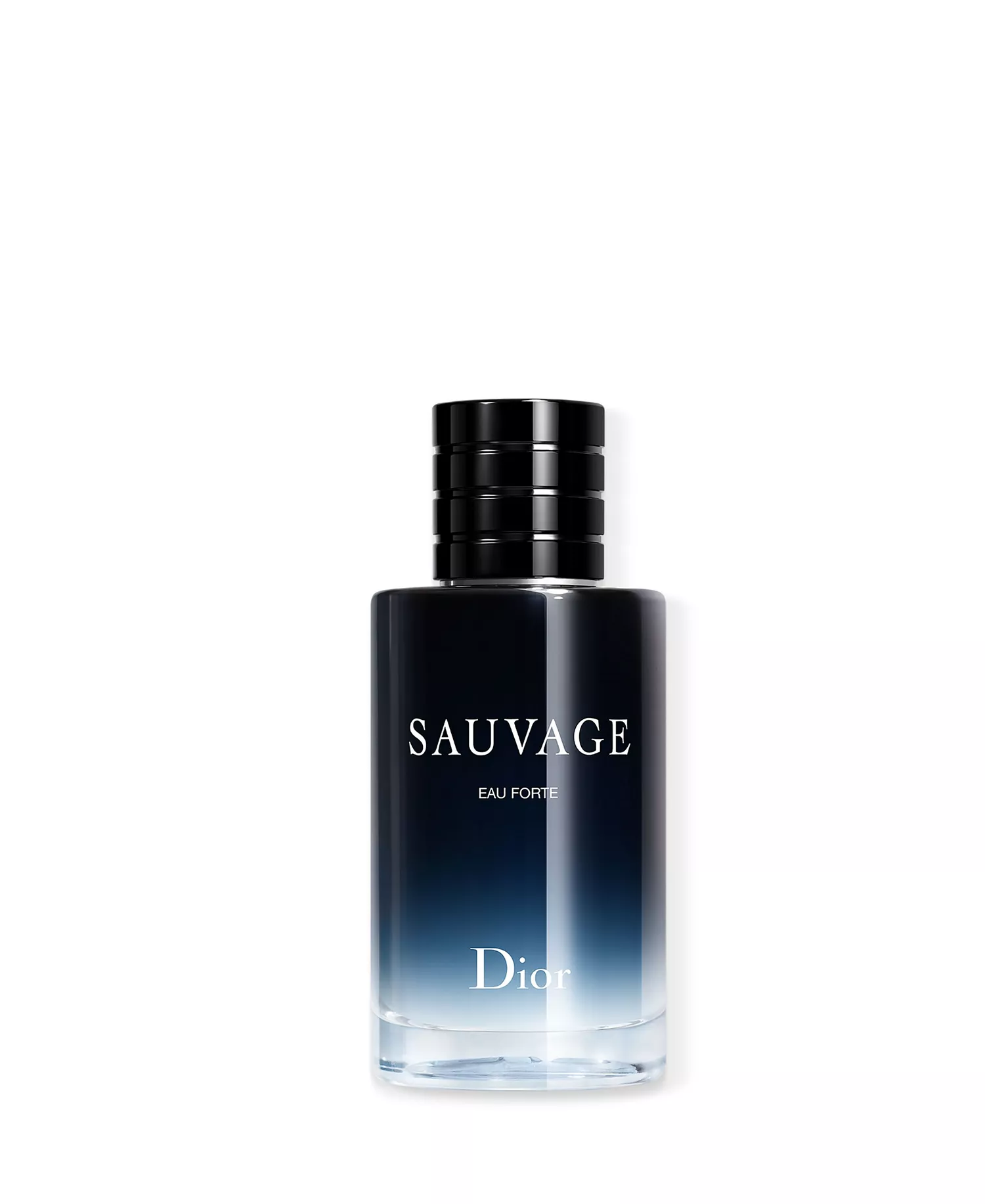 Front view of Dior Sauvage Eau Forte bottle showcasing the signature magnetic cap and the striking dark blue to icy white gradient glass.