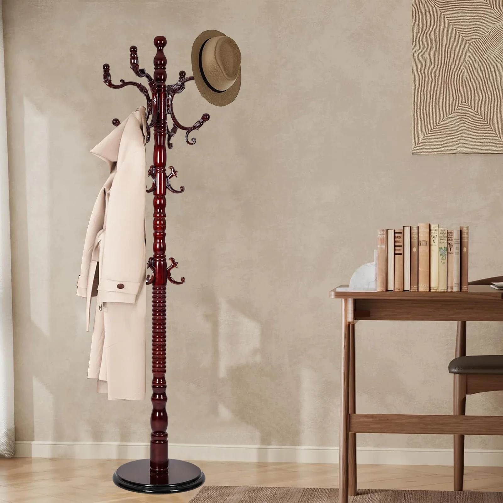 Coat Rack Freestanding, Hall Tree with 11 Hooks, Heavy Duty Wooden Coat Tree Stand, Adjustable Height, Sturdy Base for Bedroom Hallway Office - Load 270lbs - Image 50