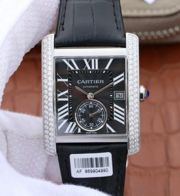 Replica Cartier Tank MC SS Black Dial Diamonds Bezel Leather Strap - Top club