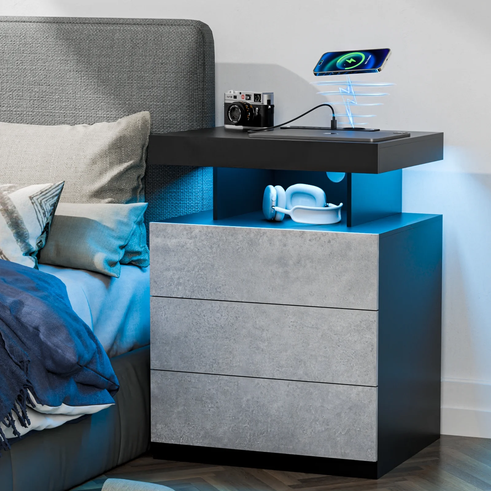 Hommpa LED Nightstand Wireless Charging Station USB Type C Outlets Bedside Table 3 Drawers Black Night Table Modern Smart Nightstand High Gloss End Side Table for Bedroom Furniture 26.8" Tall - Image 30